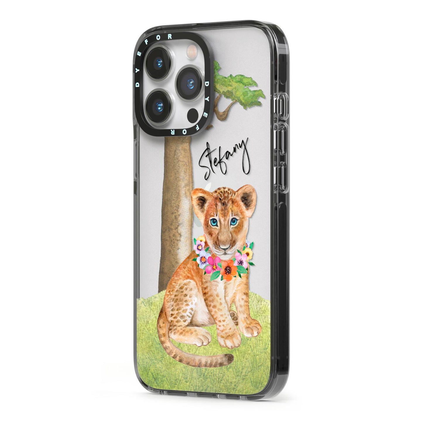 Personalised Lion Cub iPhone 13 Pro Black Impact Case Side Angle on Silver phone