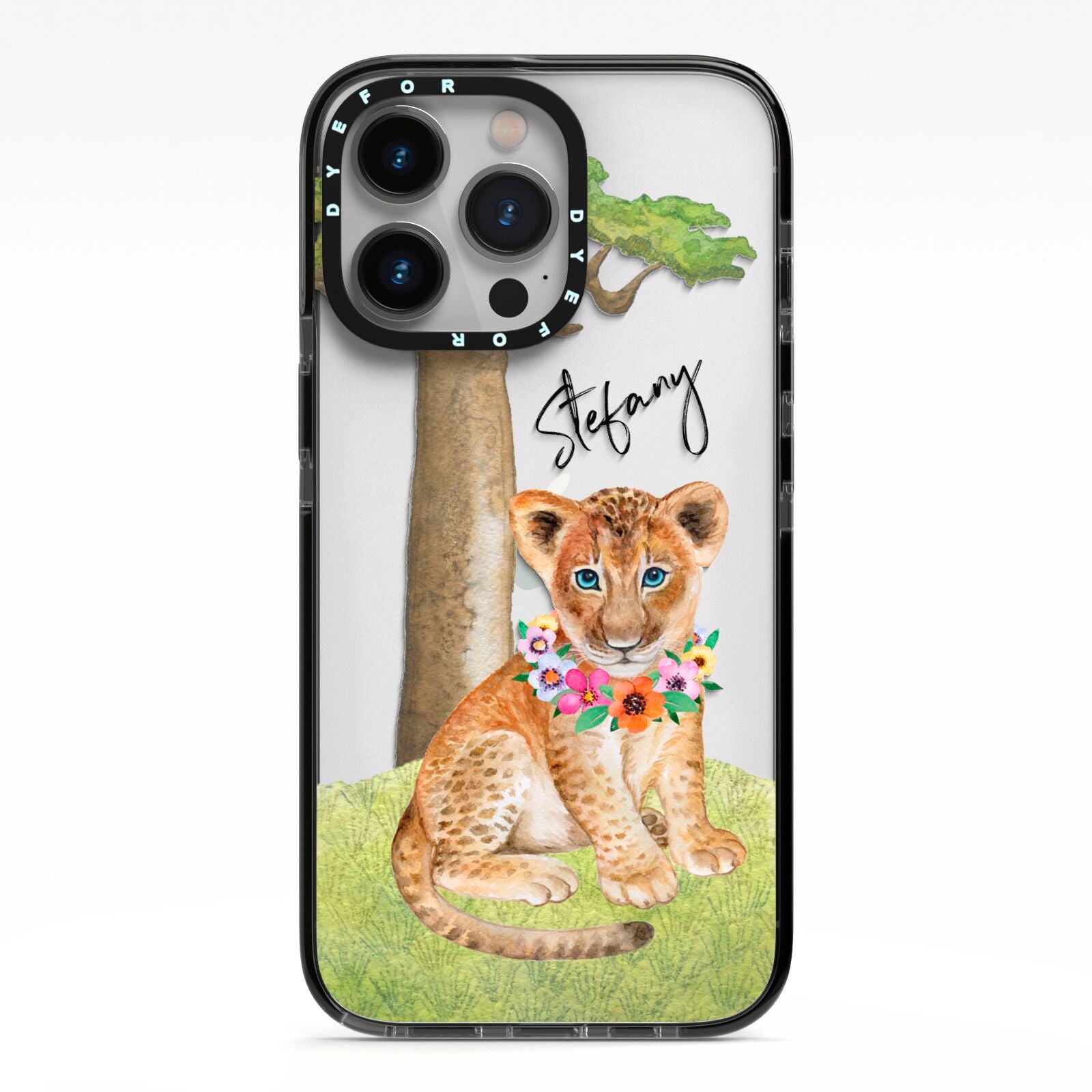 Personalised Lion Cub iPhone 13 Pro Black Impact Case on Silver phone