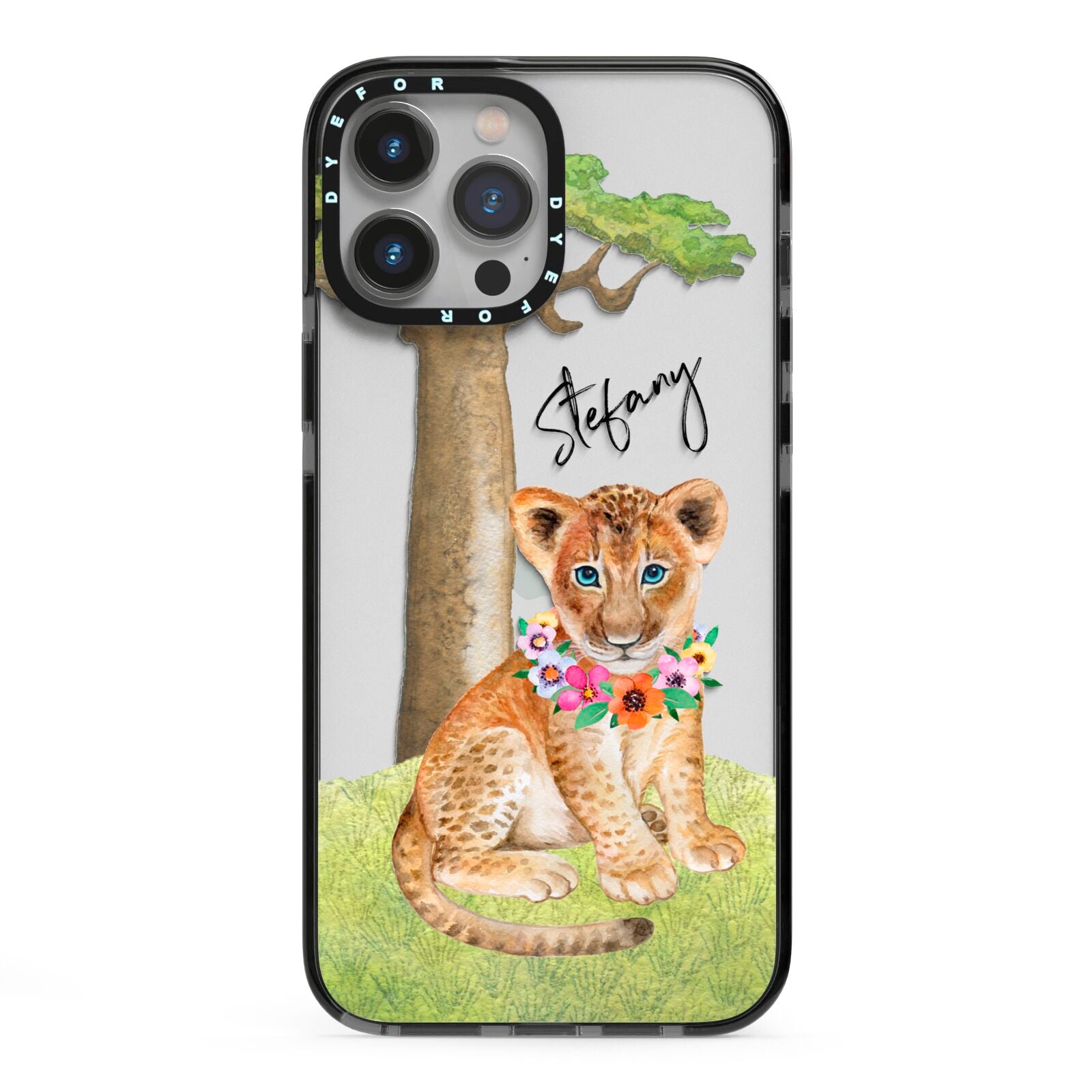 Personalised Lion Cub iPhone 13 Pro Max Black Impact Case on Silver phone
