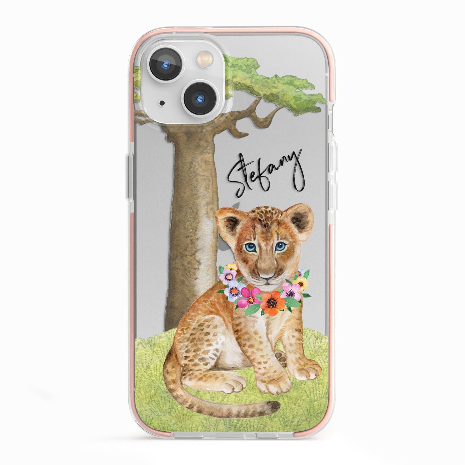 Personalised Lion Cub iPhone 13 TPU Impact Case with Pink Edges