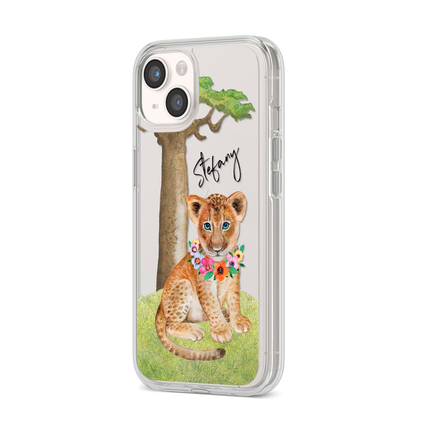 Personalised Lion Cub iPhone 14 Clear Tough Case Starlight Angled Image
