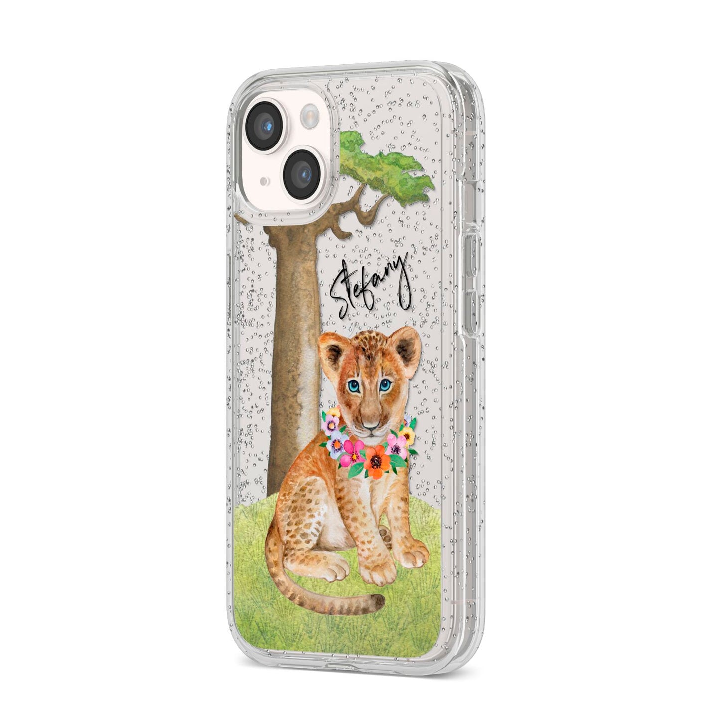 Personalised Lion Cub iPhone 14 Glitter Tough Case Starlight Angled Image