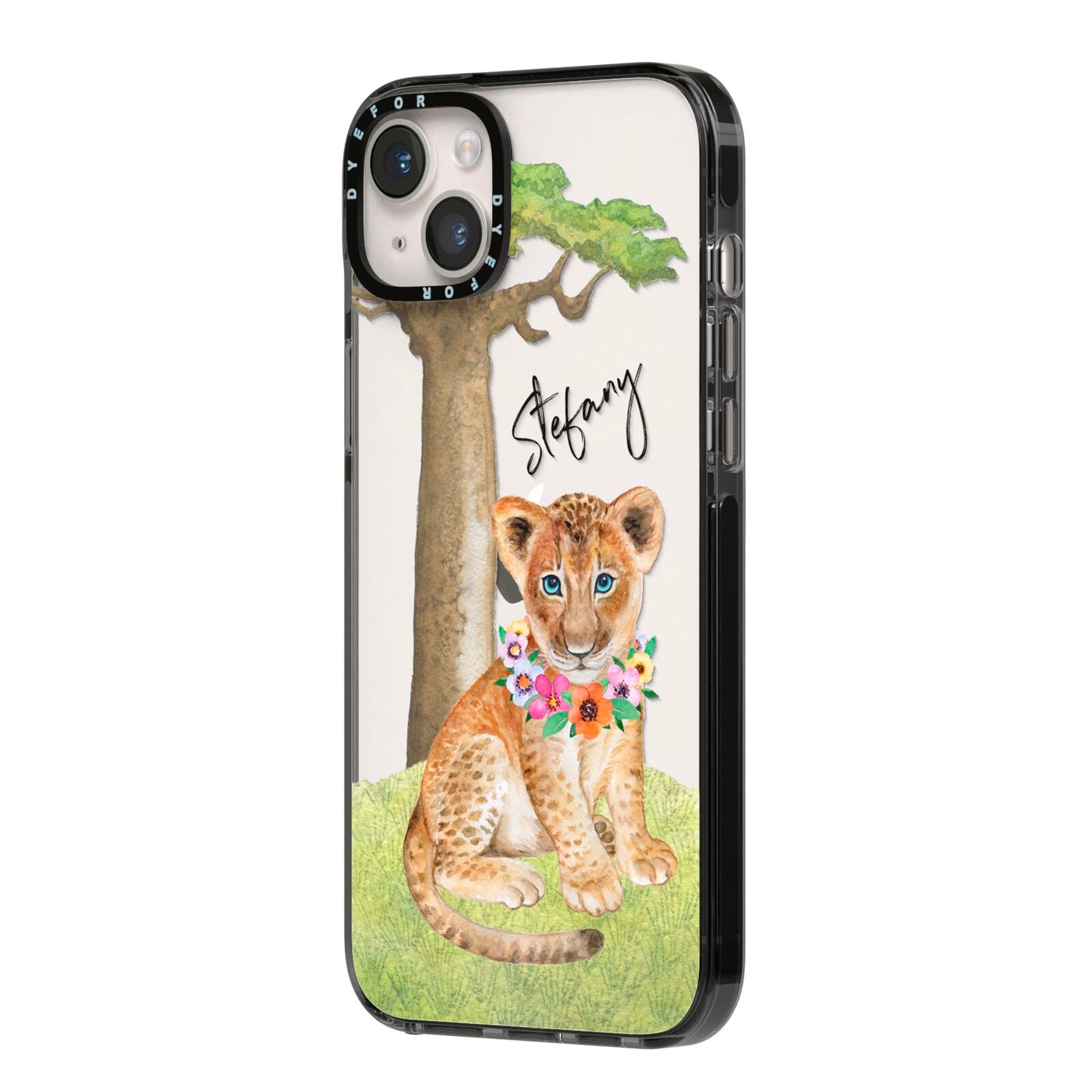 Personalised Lion Cub iPhone 14 Plus Black Impact Case Side Angle on Silver phone