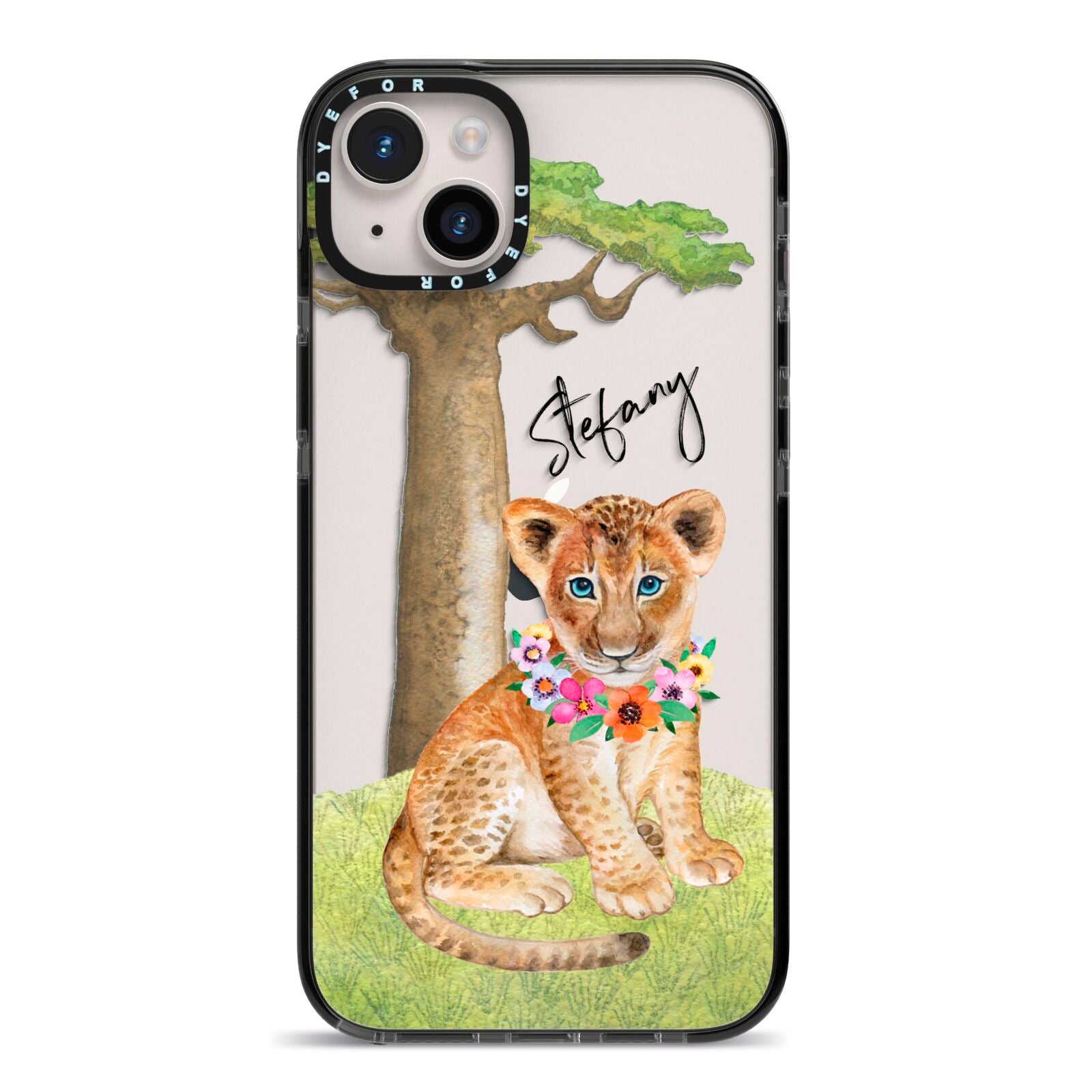 Personalised Lion Cub iPhone 14 Plus Black Impact Case on Silver phone