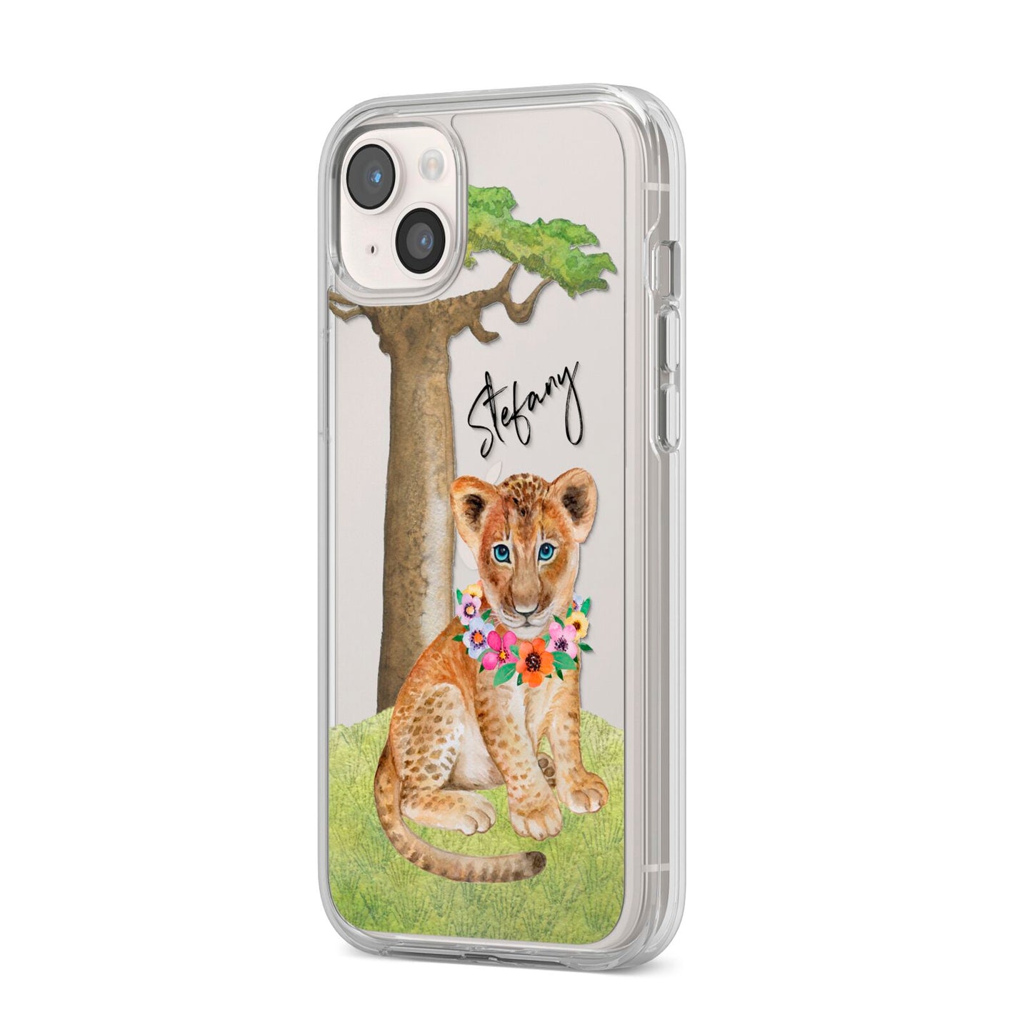 Personalised Lion Cub iPhone 14 Plus Clear Tough Case Starlight Angled Image