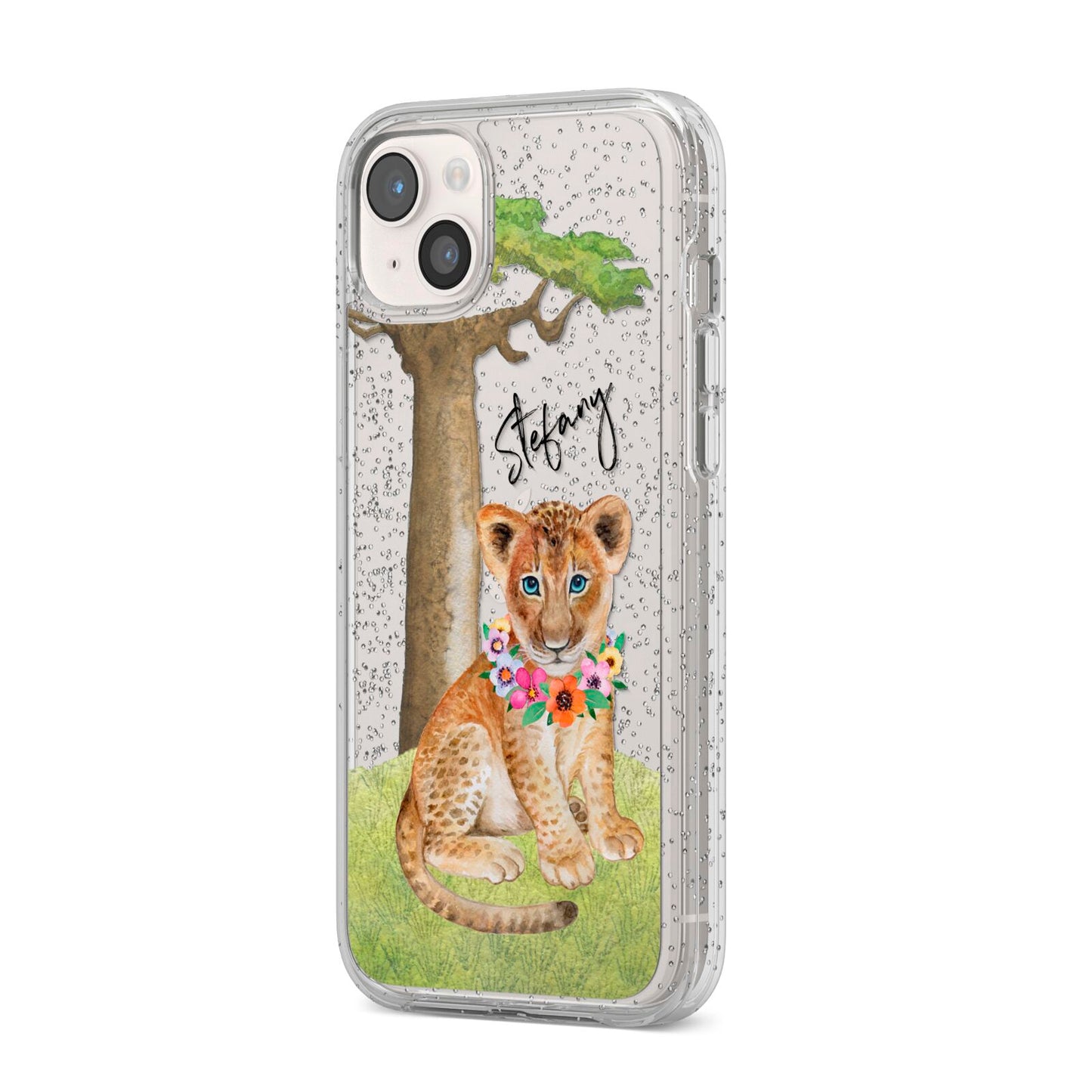 Personalised Lion Cub iPhone 14 Plus Glitter Tough Case Starlight Angled Image
