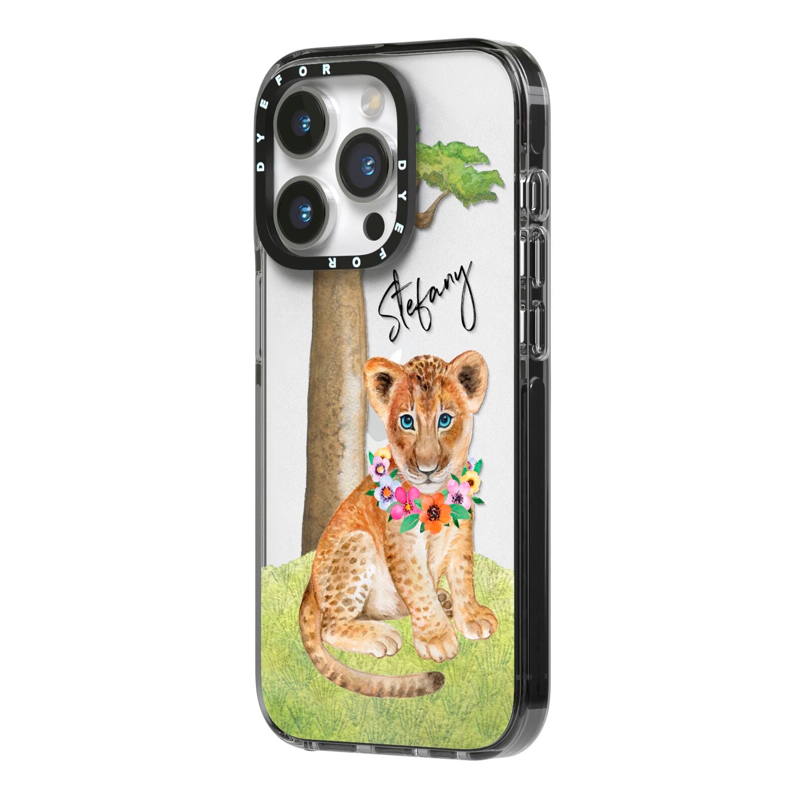 Personalised Lion Cub iPhone 14 Pro Black Impact Case Side Angle on Silver phone