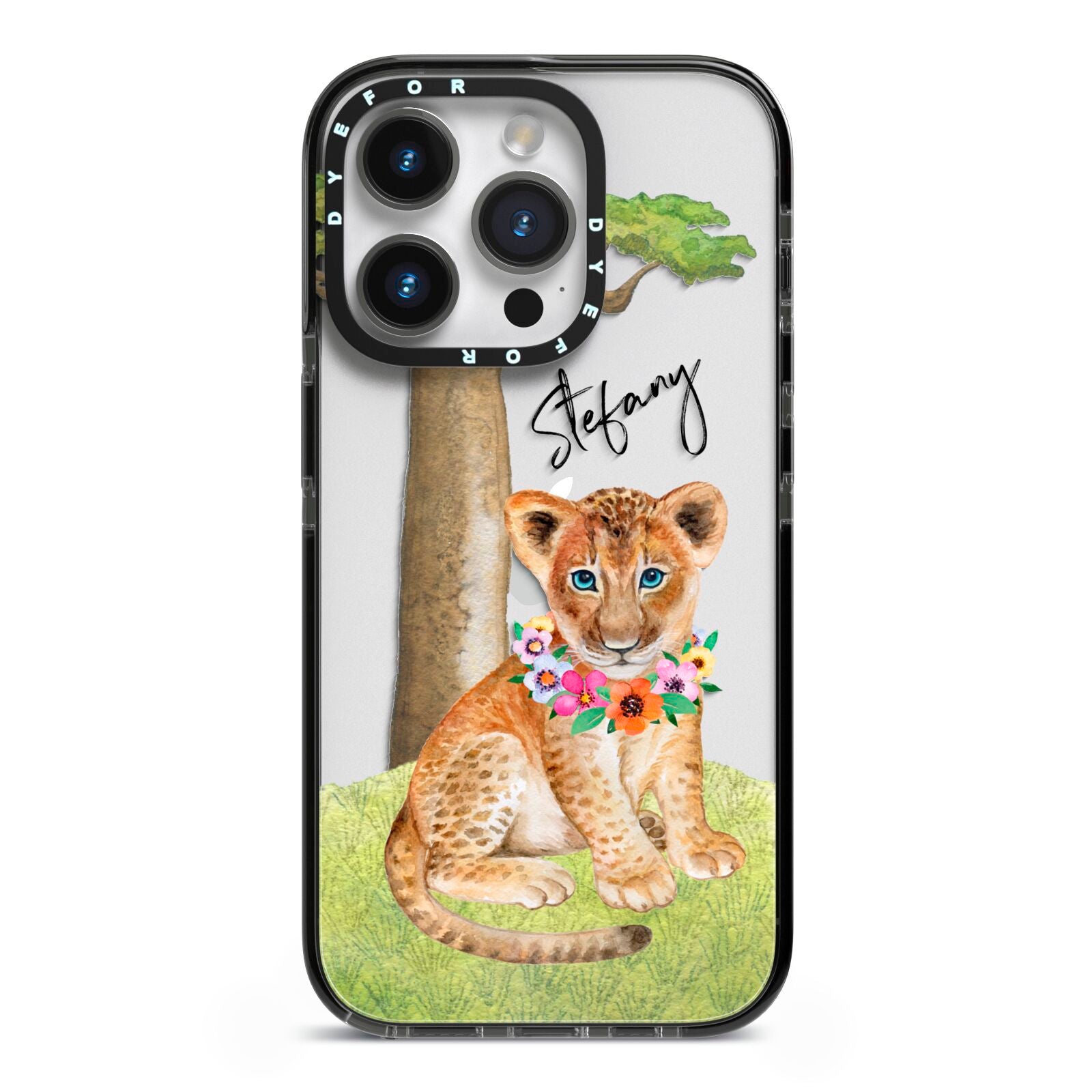 Personalised Lion Cub iPhone 14 Pro Black Impact Case on Silver phone