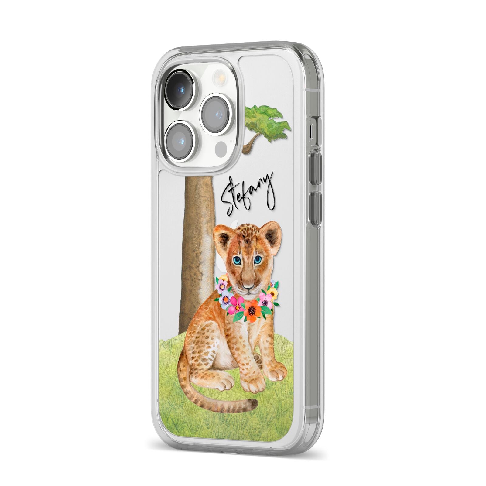 Personalised Lion Cub iPhone 14 Pro Clear Tough Case Silver Angled Image