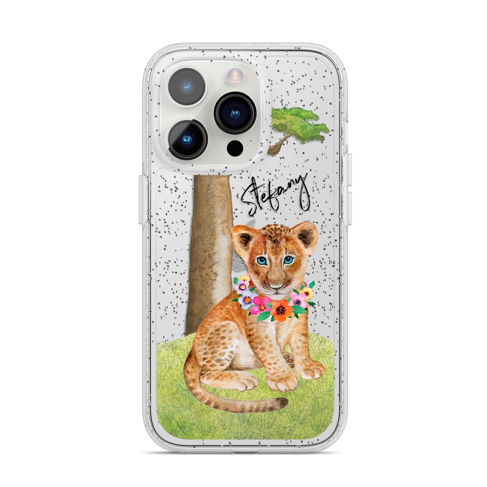 Personalised Lion Cub iPhone 14 Pro Glitter Tough Case Silver