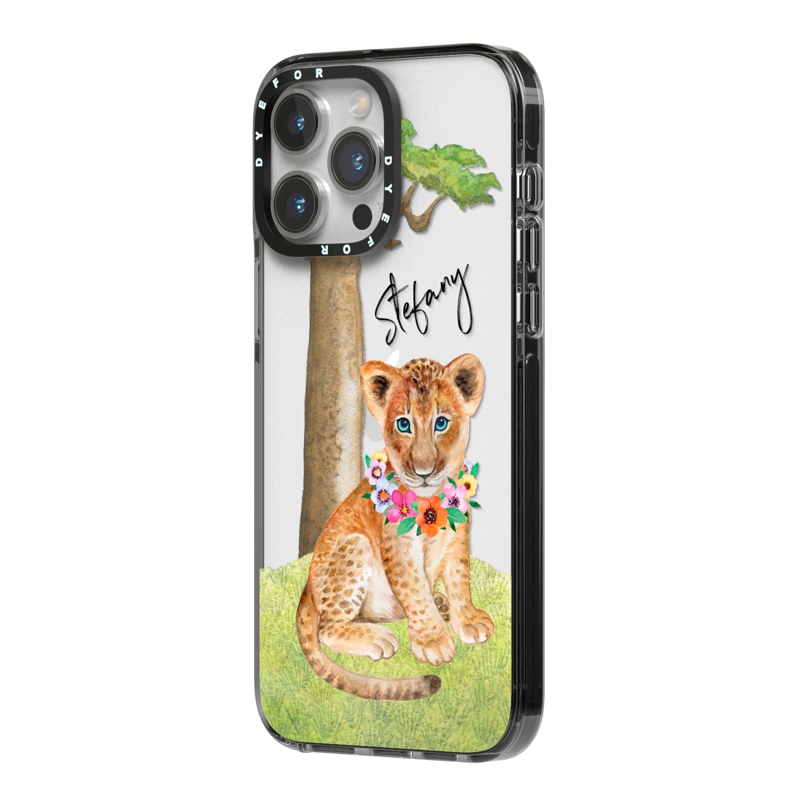 Personalised Lion Cub iPhone 14 Pro Max Black Impact Case Side Angle on Silver phone