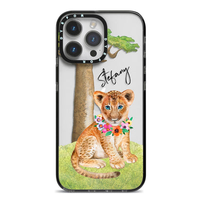 Personalised Lion Cub iPhone 14 Pro Max Black Impact Case on Silver phone