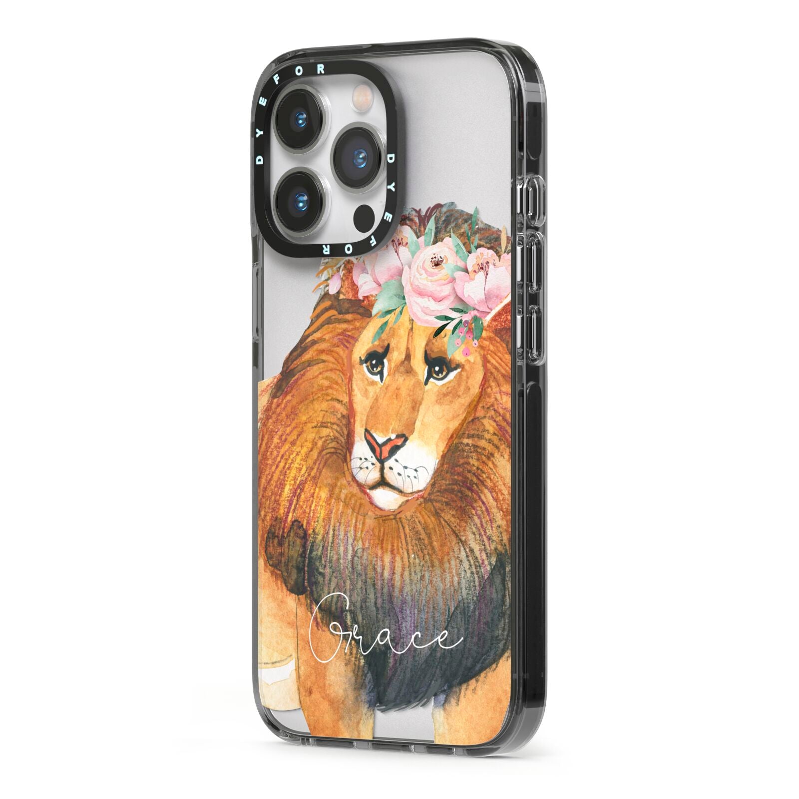 Personalised Lion iPhone 13 Pro Black Impact Case Side Angle on Silver phone