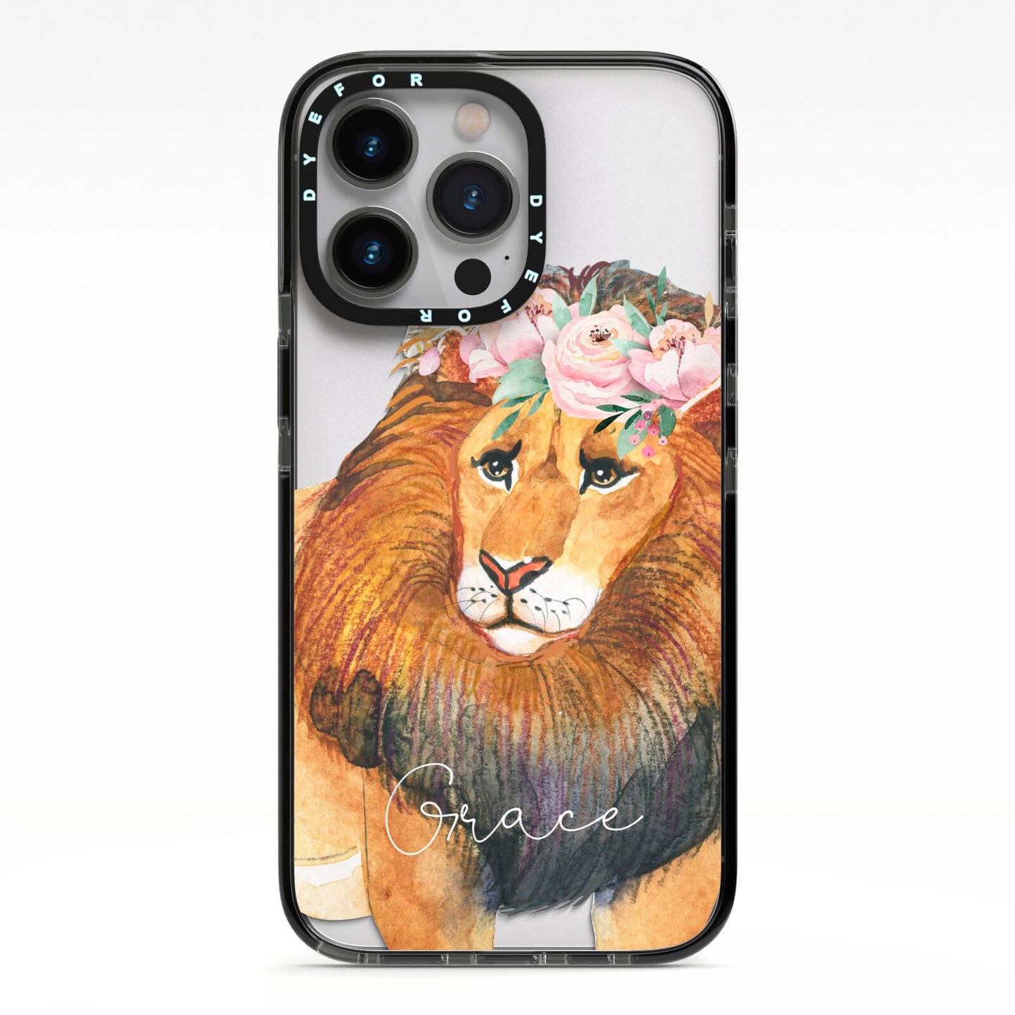 Personalised Lion iPhone 13 Pro Black Impact Case on Silver phone