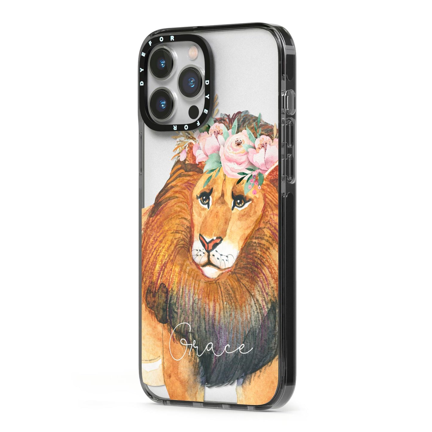 Personalised Lion iPhone 13 Pro Max Black Impact Case Side Angle on Silver phone