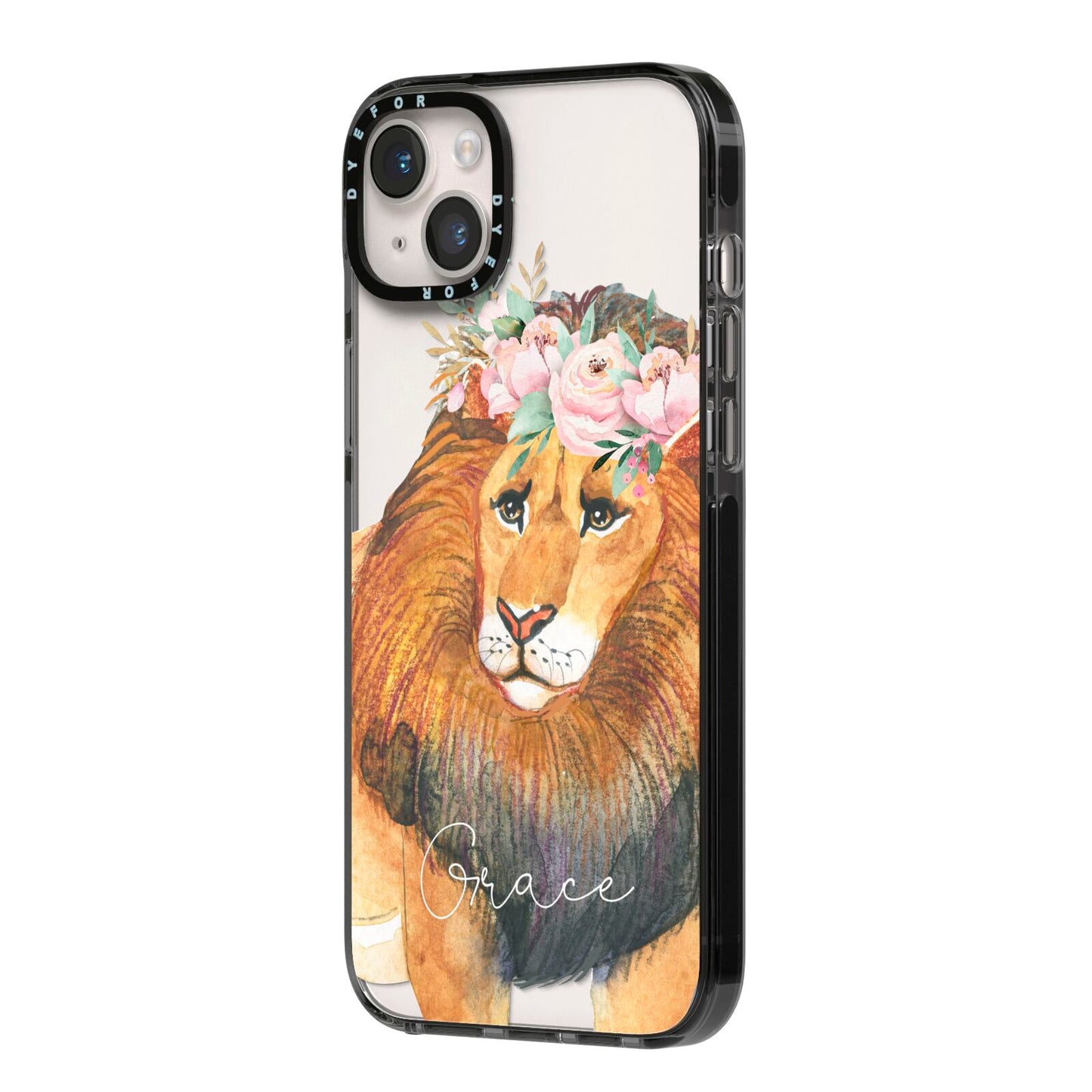 Personalised Lion iPhone 14 Plus Black Impact Case Side Angle on Silver phone