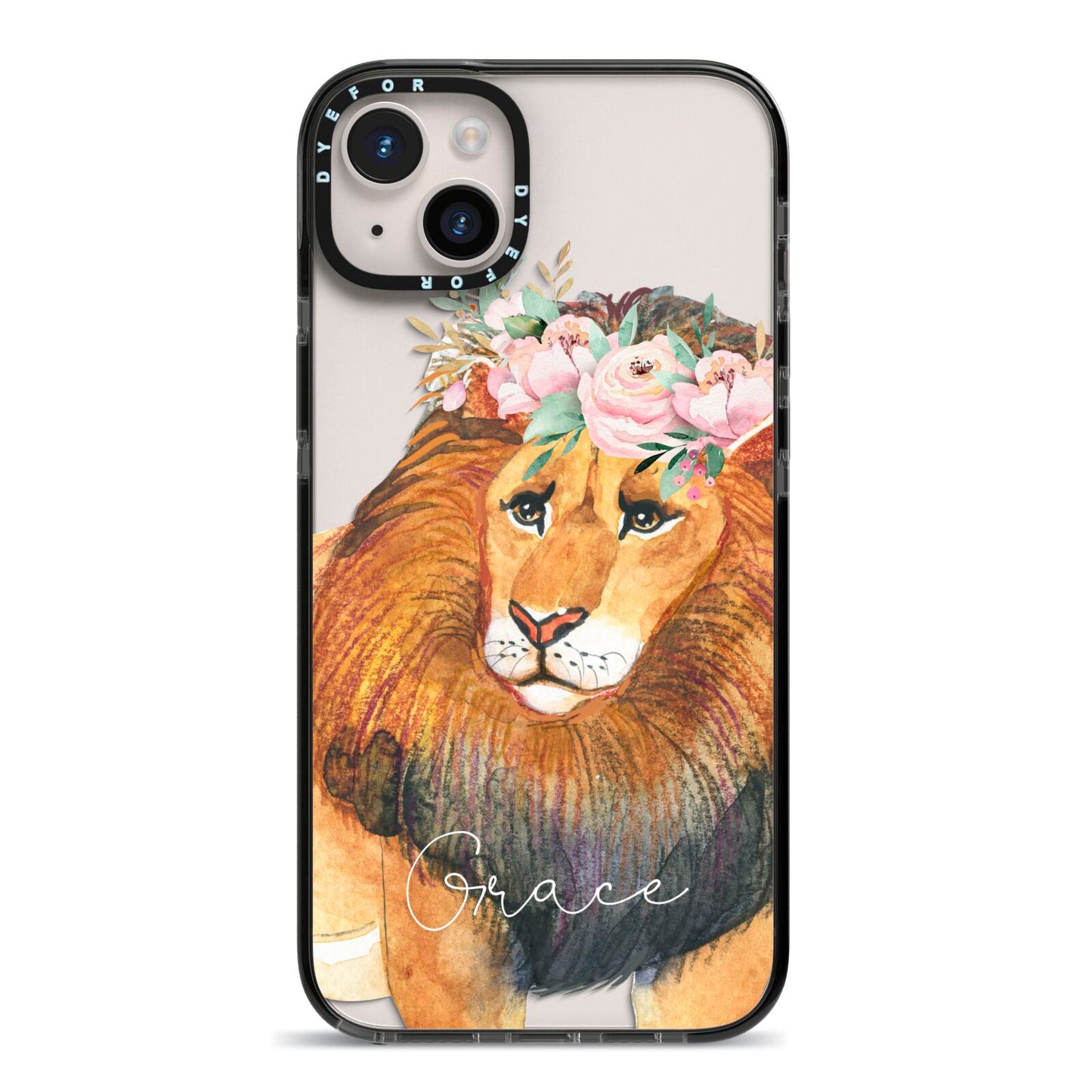 Personalised Lion iPhone 14 Plus Black Impact Case on Silver phone