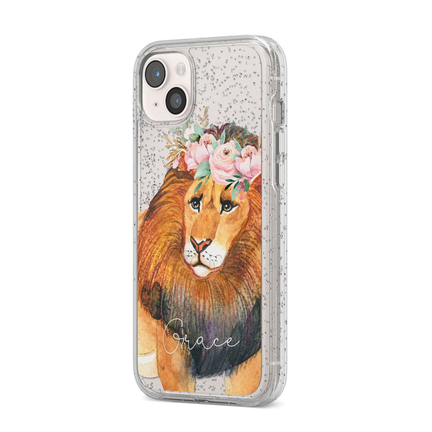 Personalised Lion iPhone 14 Plus Glitter Tough Case Starlight Angled Image