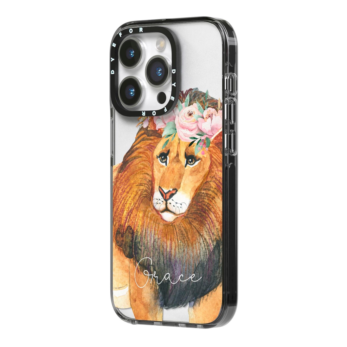 Personalised Lion iPhone 14 Pro Black Impact Case Side Angle on Silver phone