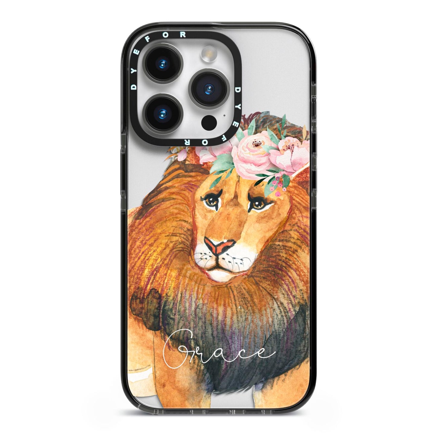 Personalised Lion iPhone 14 Pro Black Impact Case on Silver phone