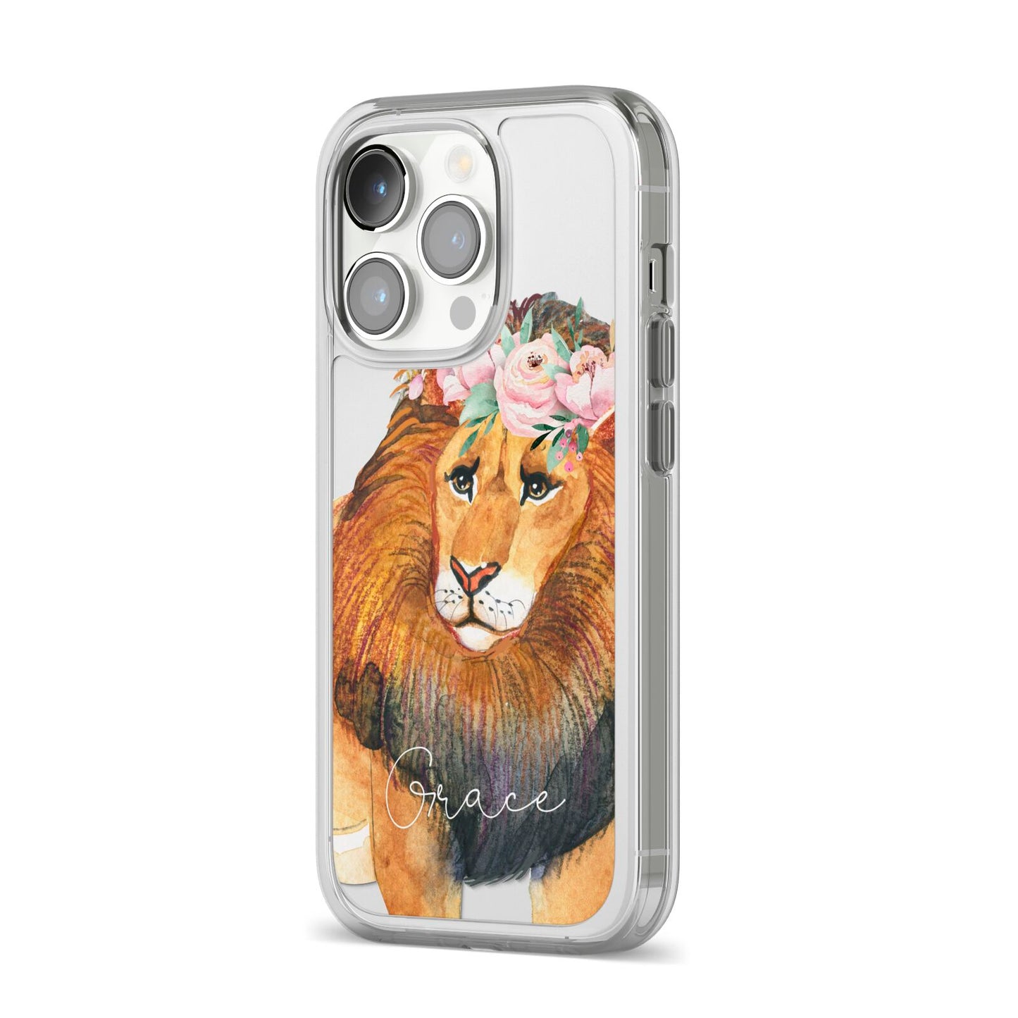Personalised Lion iPhone 14 Pro Clear Tough Case Silver Angled Image
