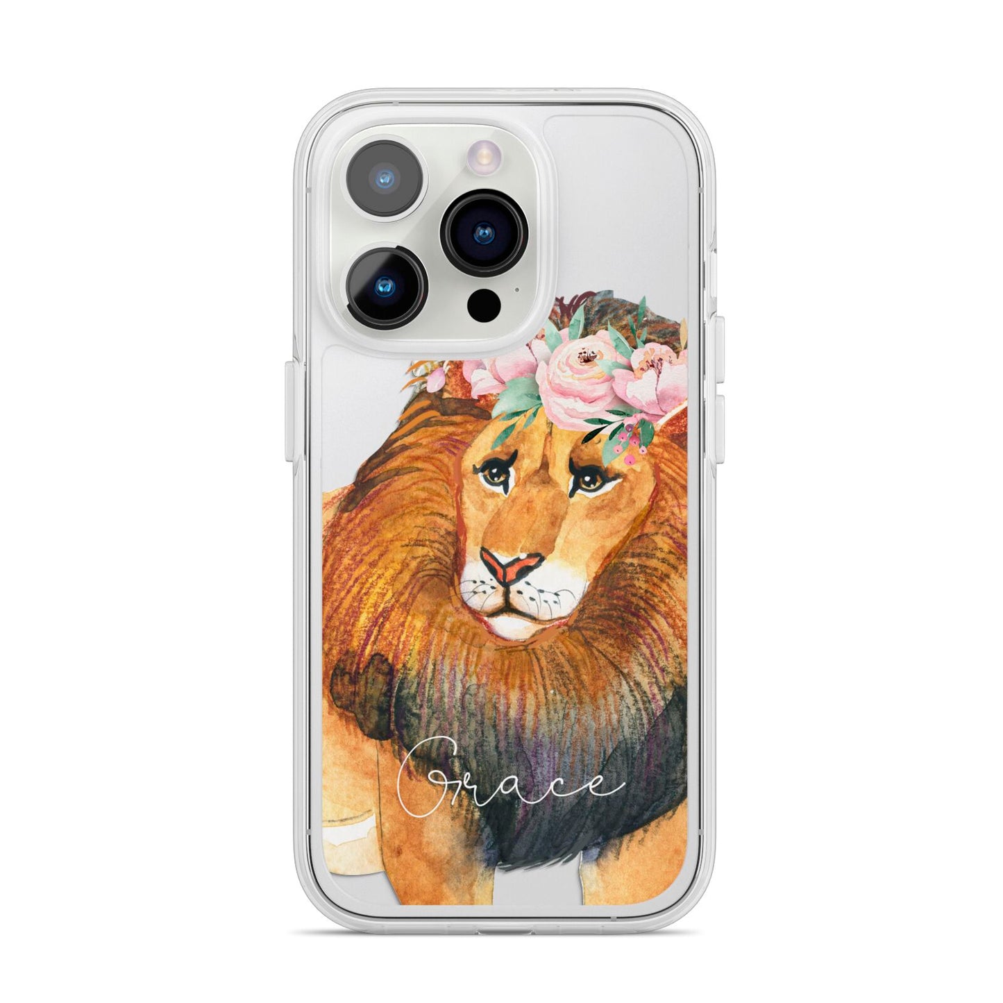 Personalised Lion iPhone 14 Pro Clear Tough Case Silver