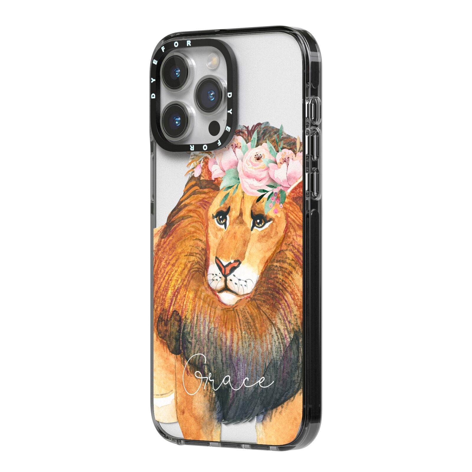 Personalised Lion iPhone 14 Pro Max Black Impact Case Side Angle on Silver phone