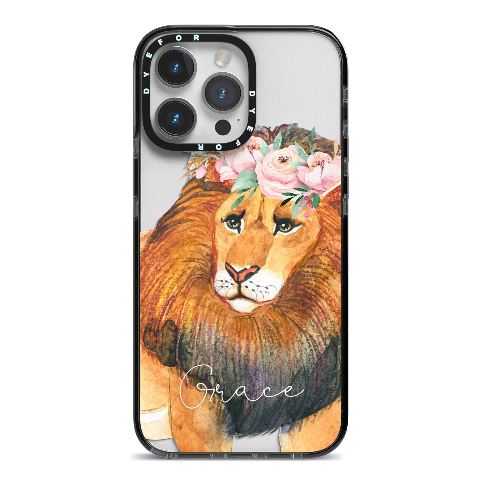 Personalised Lion iPhone 14 Pro Max Black Impact Case on Silver phone