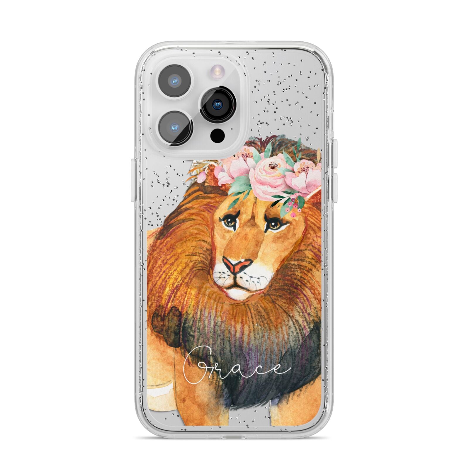 Personalised Lion iPhone 14 Pro Max Glitter Tough Case Silver