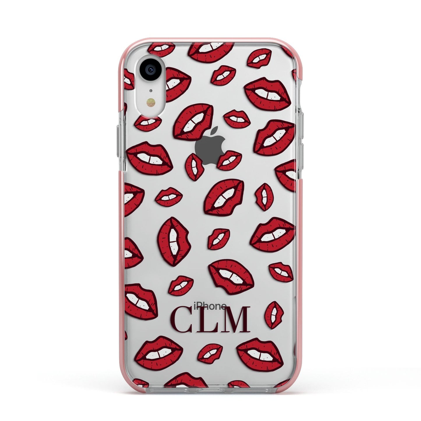 Personalised Lips Initials Apple iPhone XR Impact Case Pink Edge on Silver Phone