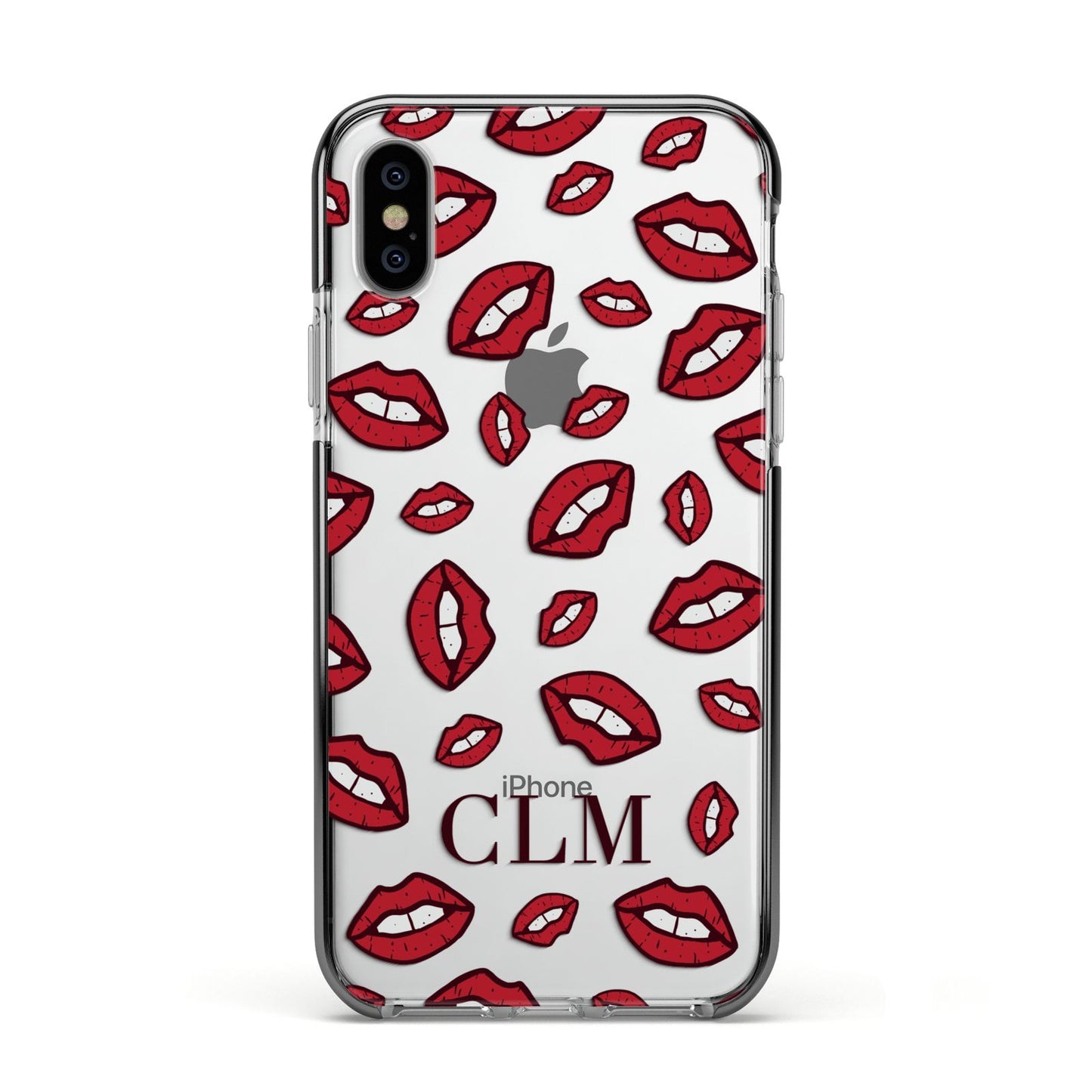 Personalised Lips Initials Apple iPhone Xs Impact Case Black Edge on Silver Phone