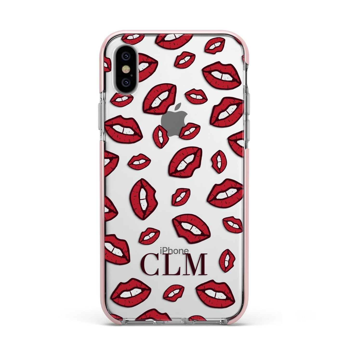 Personalised Lips Initials Apple iPhone Xs Impact Case Pink Edge on Silver Phone