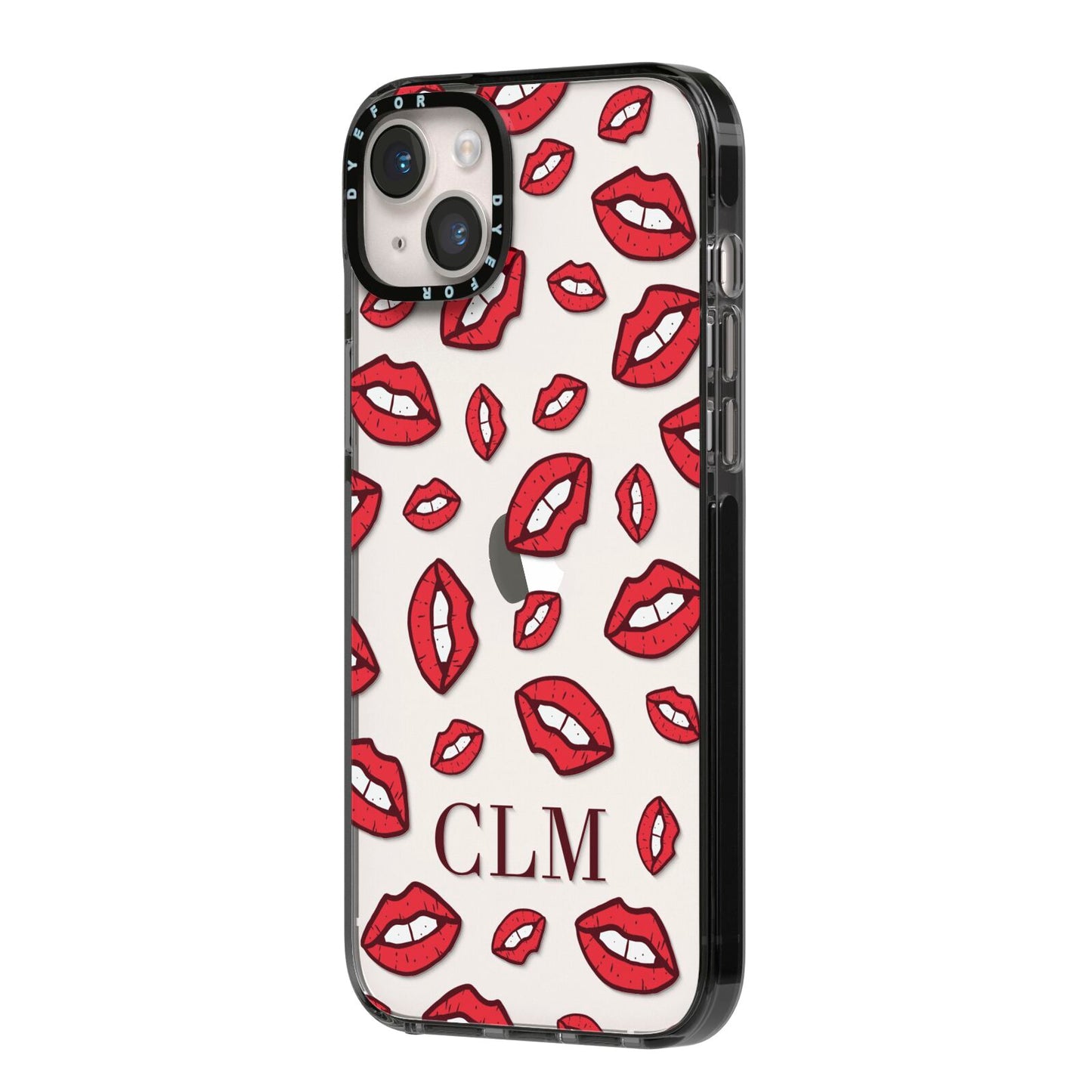 Personalised Lips Initials iPhone 14 Plus Black Impact Case Side Angle on Silver phone