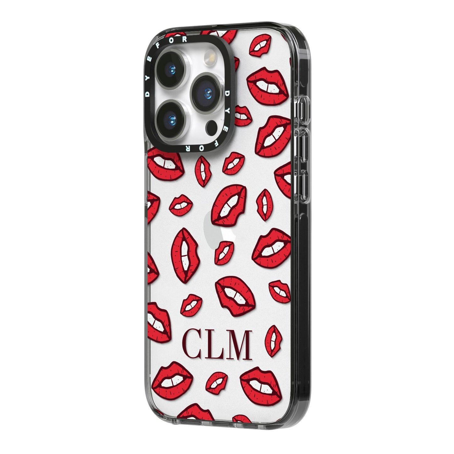 Personalised Lips Initials iPhone 14 Pro Black Impact Case Side Angle on Silver phone