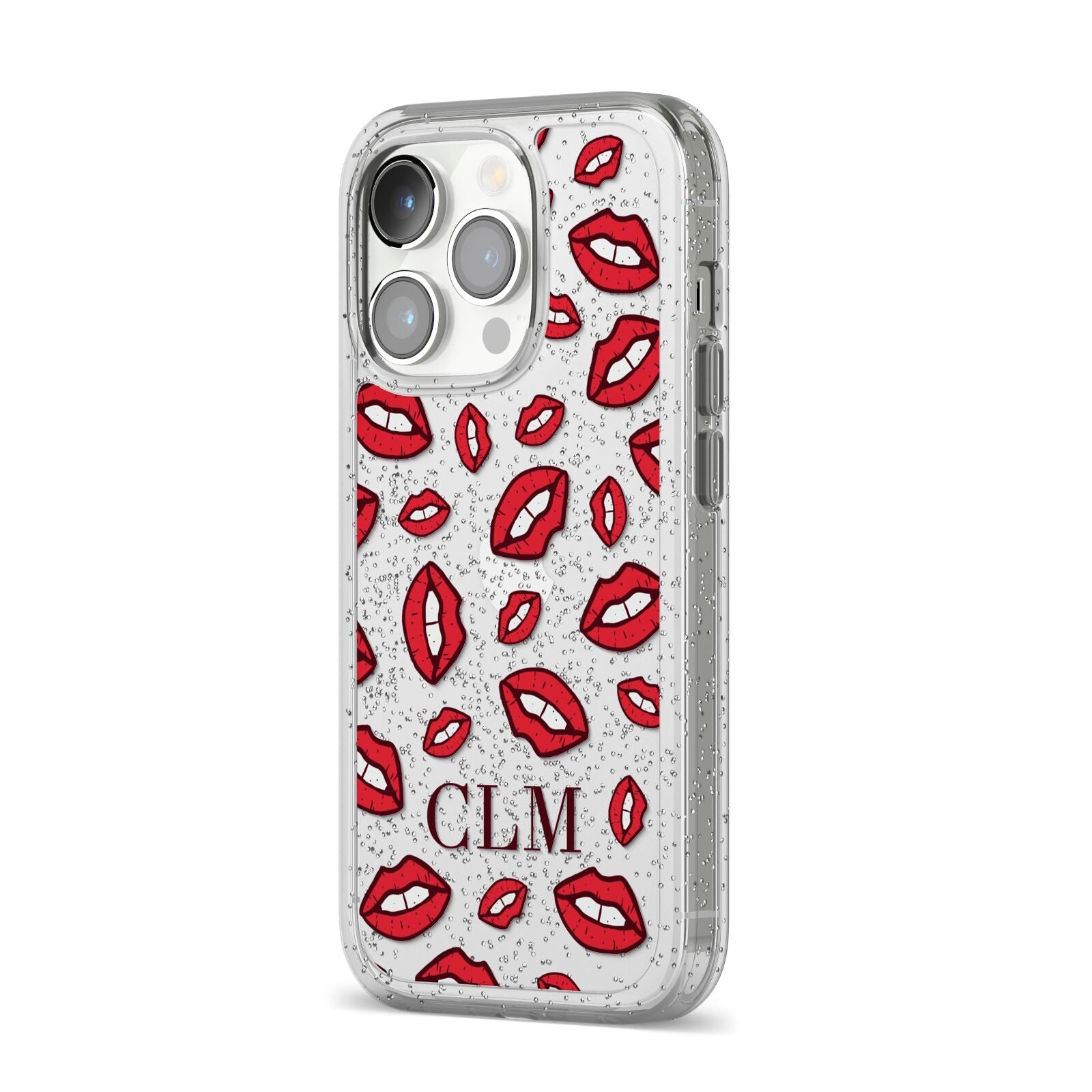 Personalised Lips Initials iPhone 14 Pro Glitter Tough Case Silver Angled Image