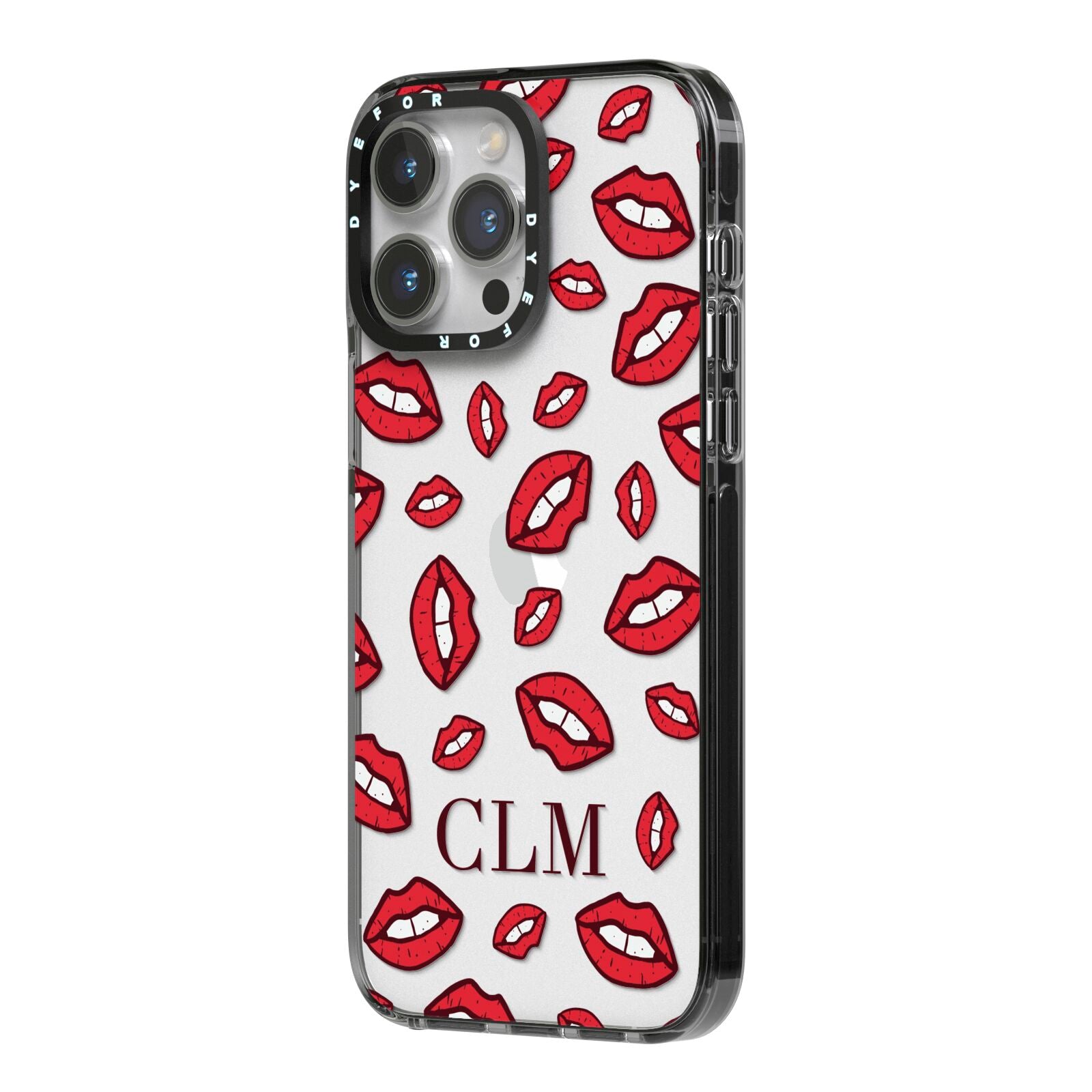 Personalised Lips Initials iPhone 14 Pro Max Black Impact Case Side Angle on Silver phone