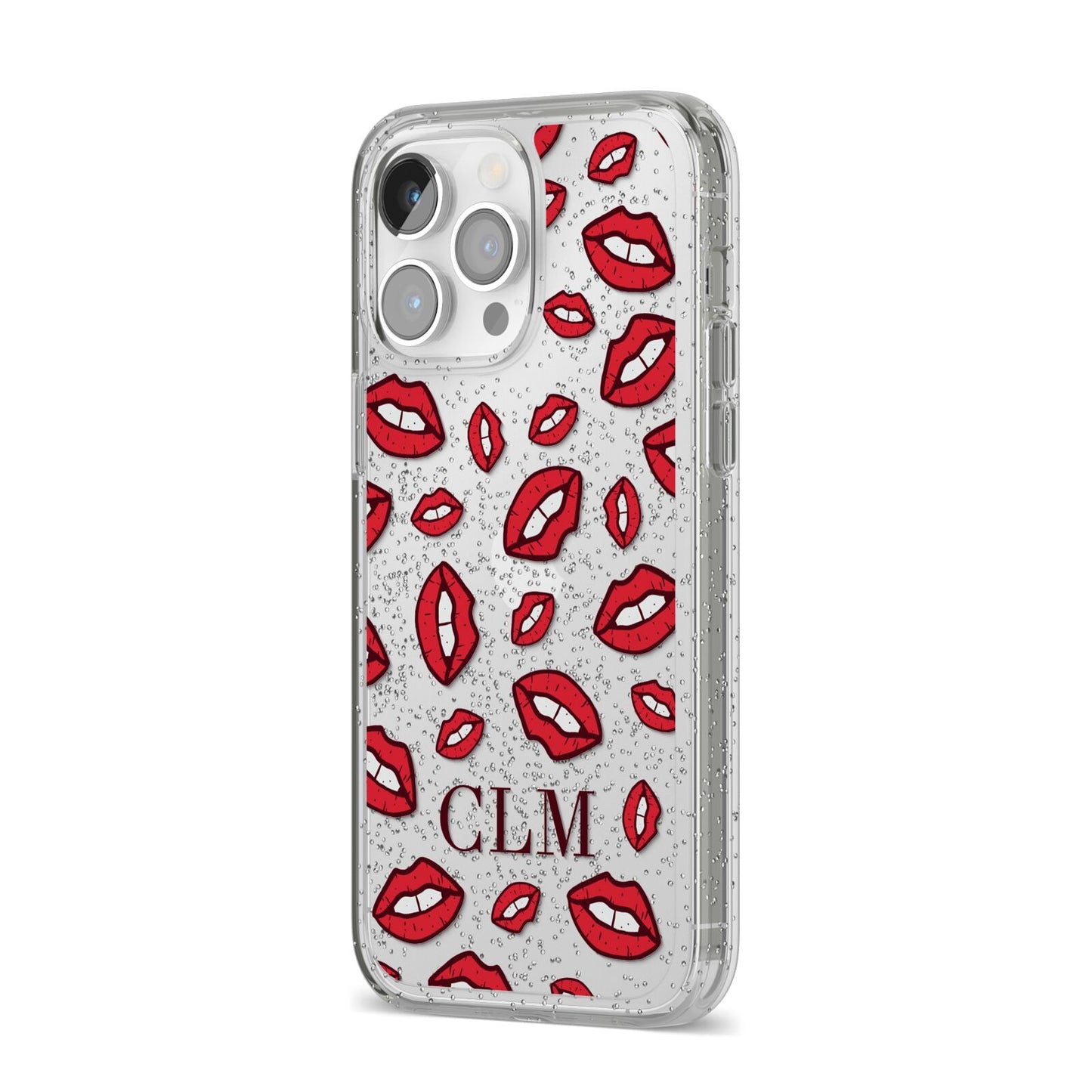 Personalised Lips Initials iPhone 14 Pro Max Glitter Tough Case Silver Angled Image