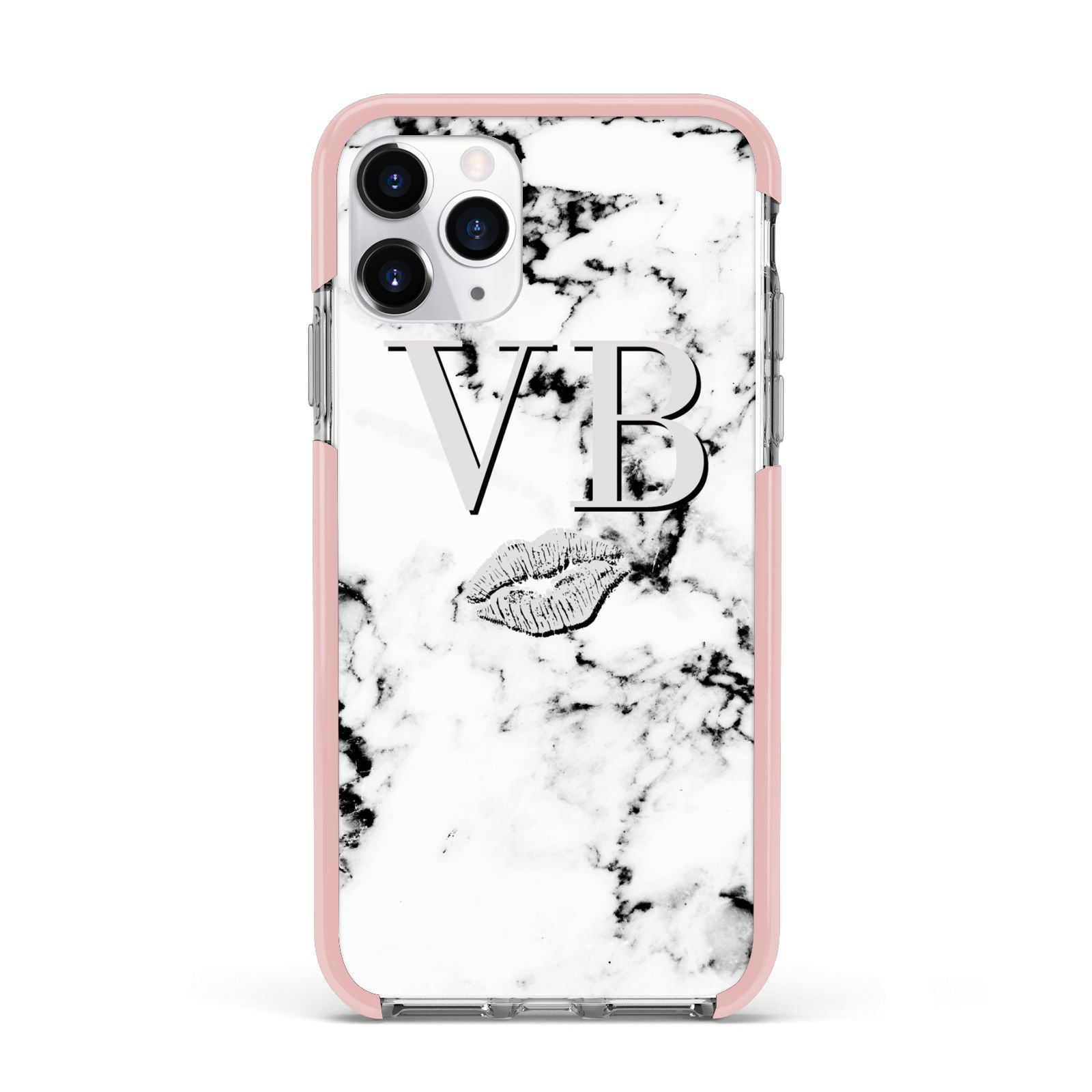 Personalised Lips Kiss Marble Initialed Apple iPhone 11 Pro in Silver with Pink Impact Case