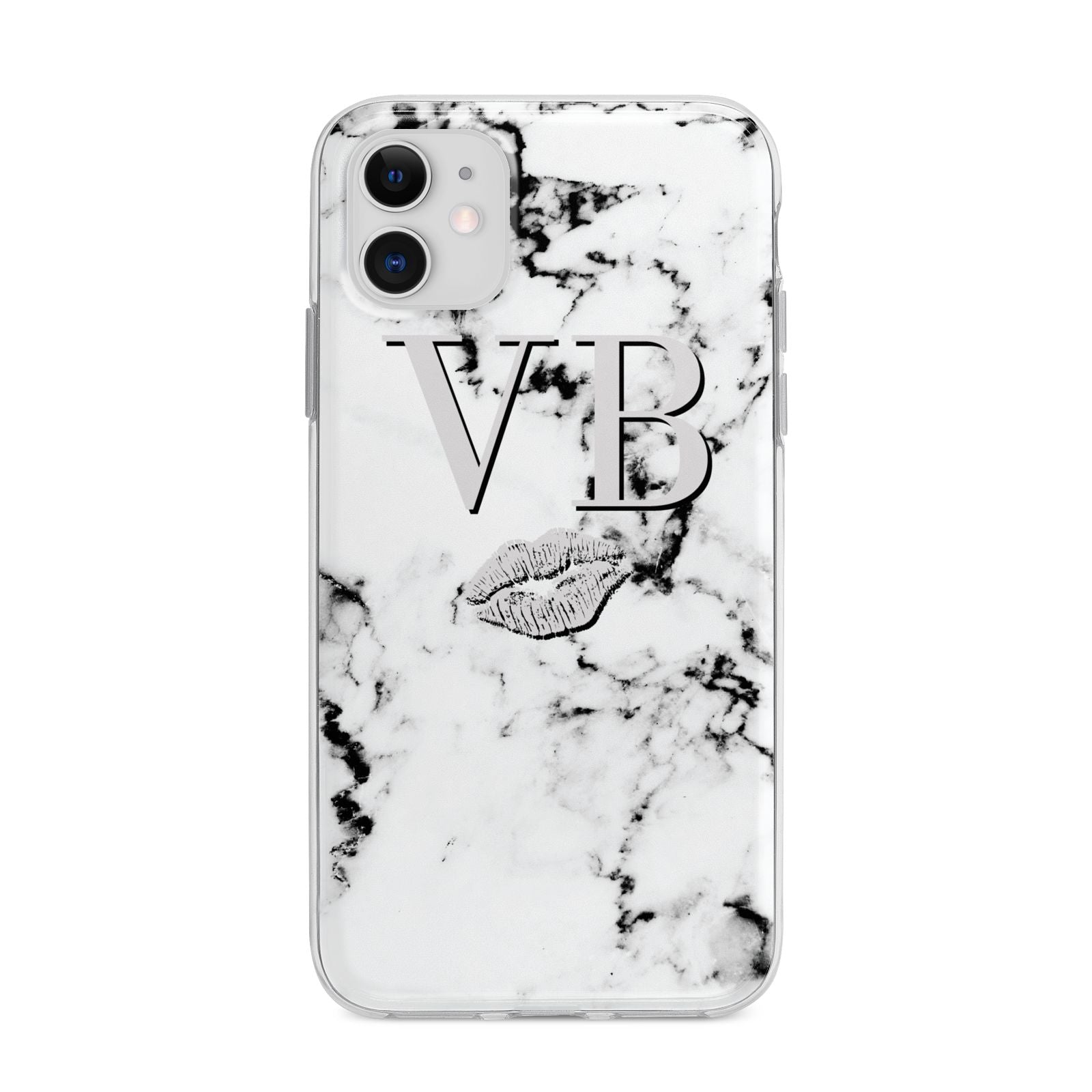Personalised Lips Kiss Marble Initialed Apple iPhone 11 in White with Bumper Case