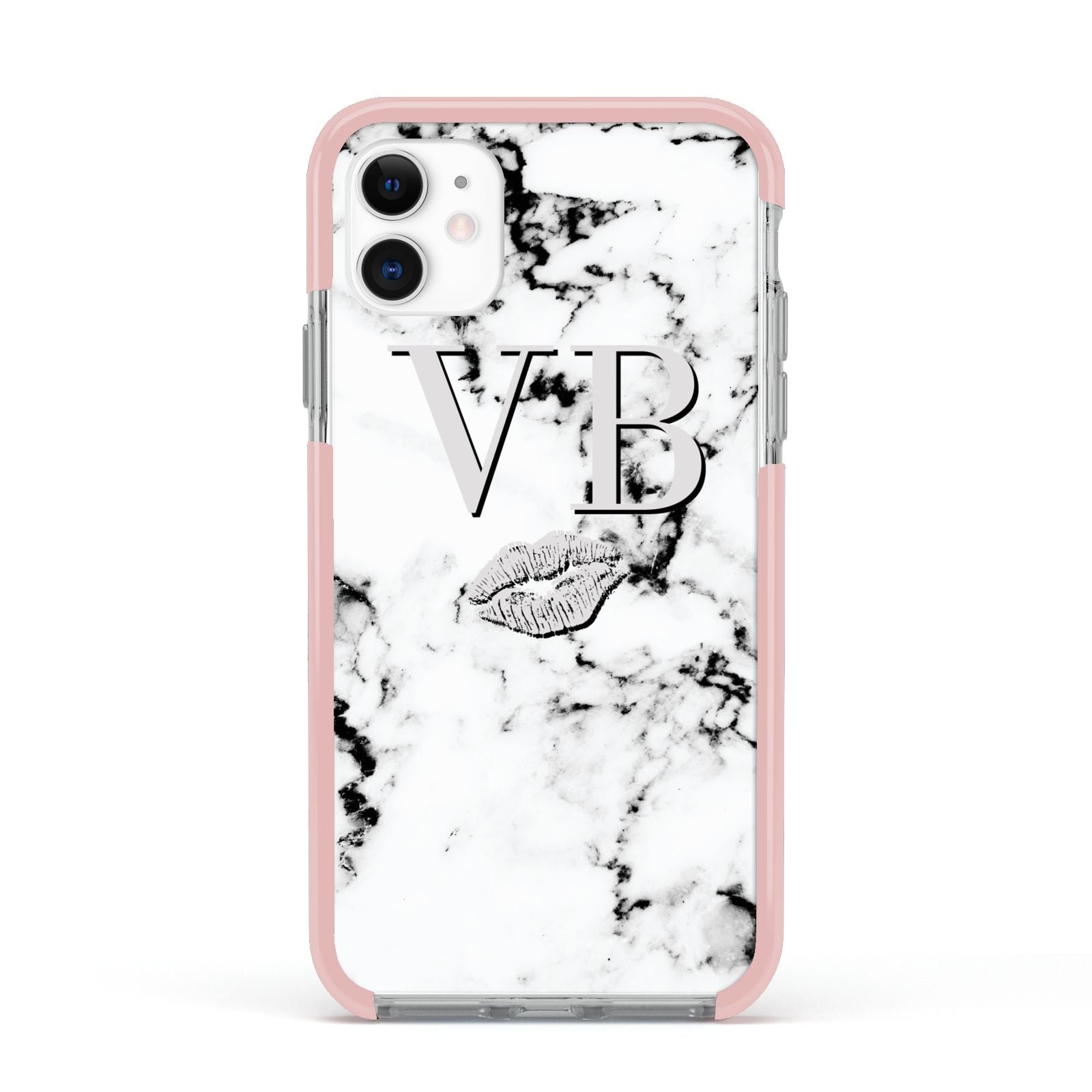 Personalised Lips Kiss Marble Initialed Apple iPhone 11 in White with Pink Impact Case