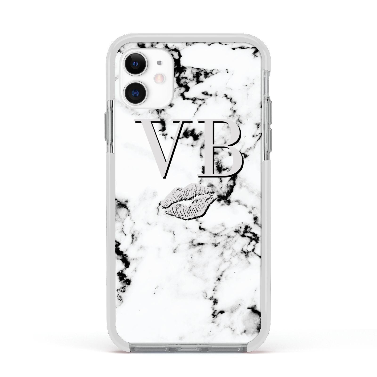 Personalised Lips Kiss Marble Initialed Apple iPhone 11 in White with White Impact Case