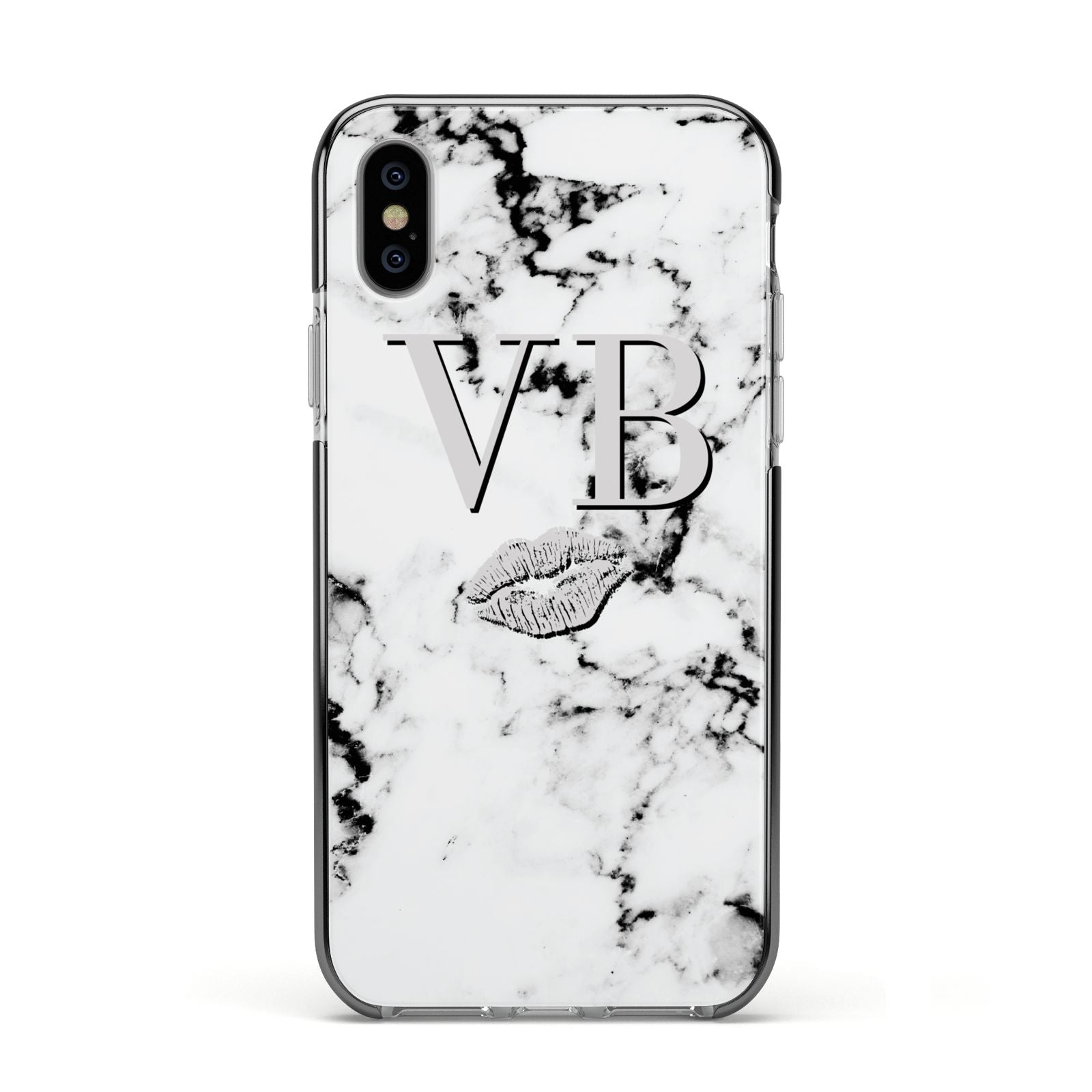 Personalised Lips Kiss Marble Initialed Apple iPhone Xs Impact Case Black Edge on Silver Phone