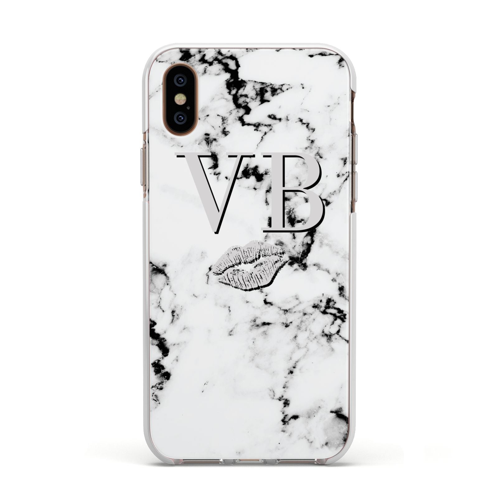 Personalised Lips Kiss Marble Initialed Apple iPhone Xs Impact Case White Edge on Gold Phone