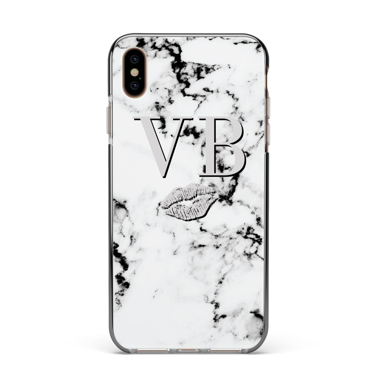 Personalised Lips Kiss Marble Initialed Apple iPhone Xs Max Impact Case Black Edge on Gold Phone