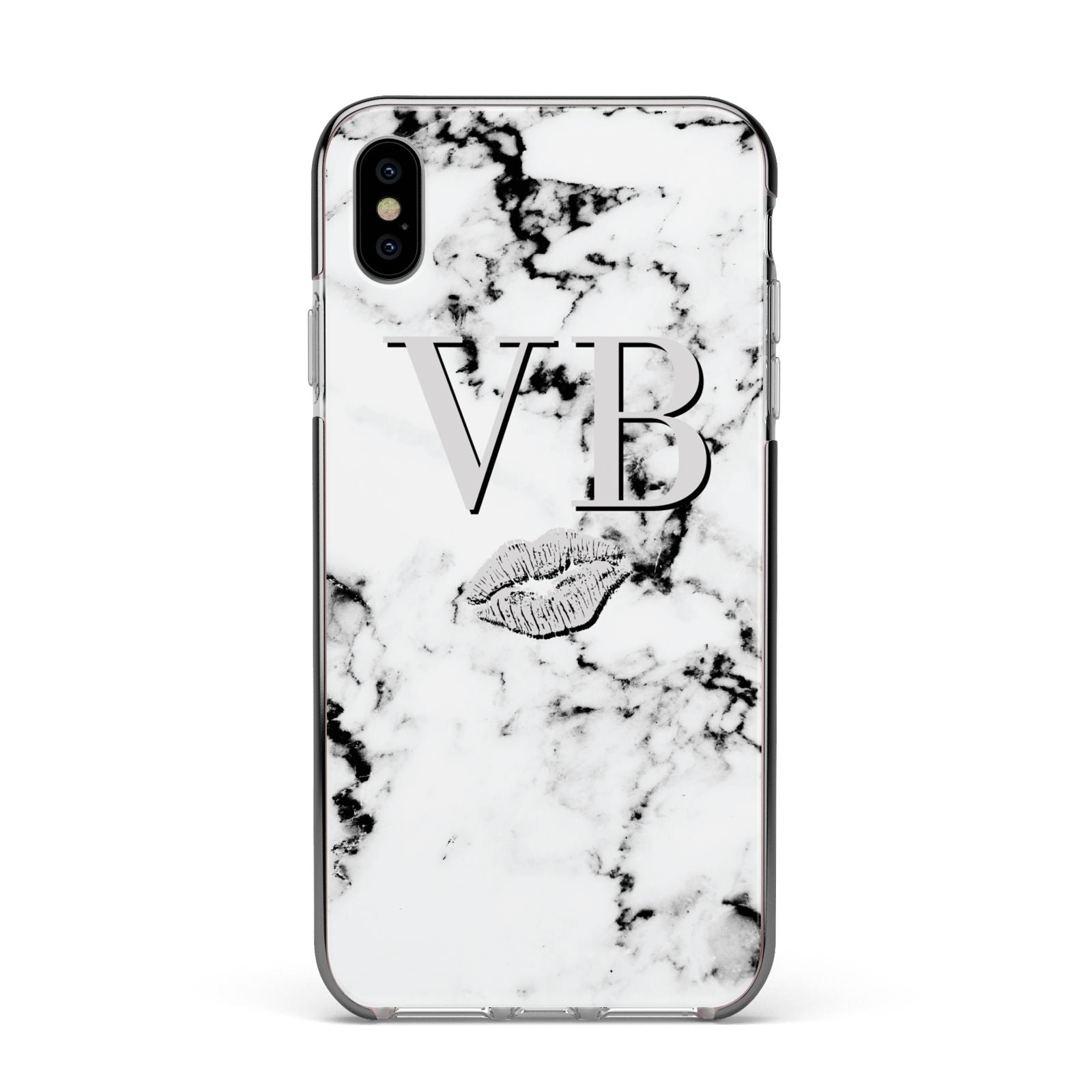 Personalised Lips Kiss Marble Initialed Apple iPhone Xs Max Impact Case Black Edge on Silver Phone