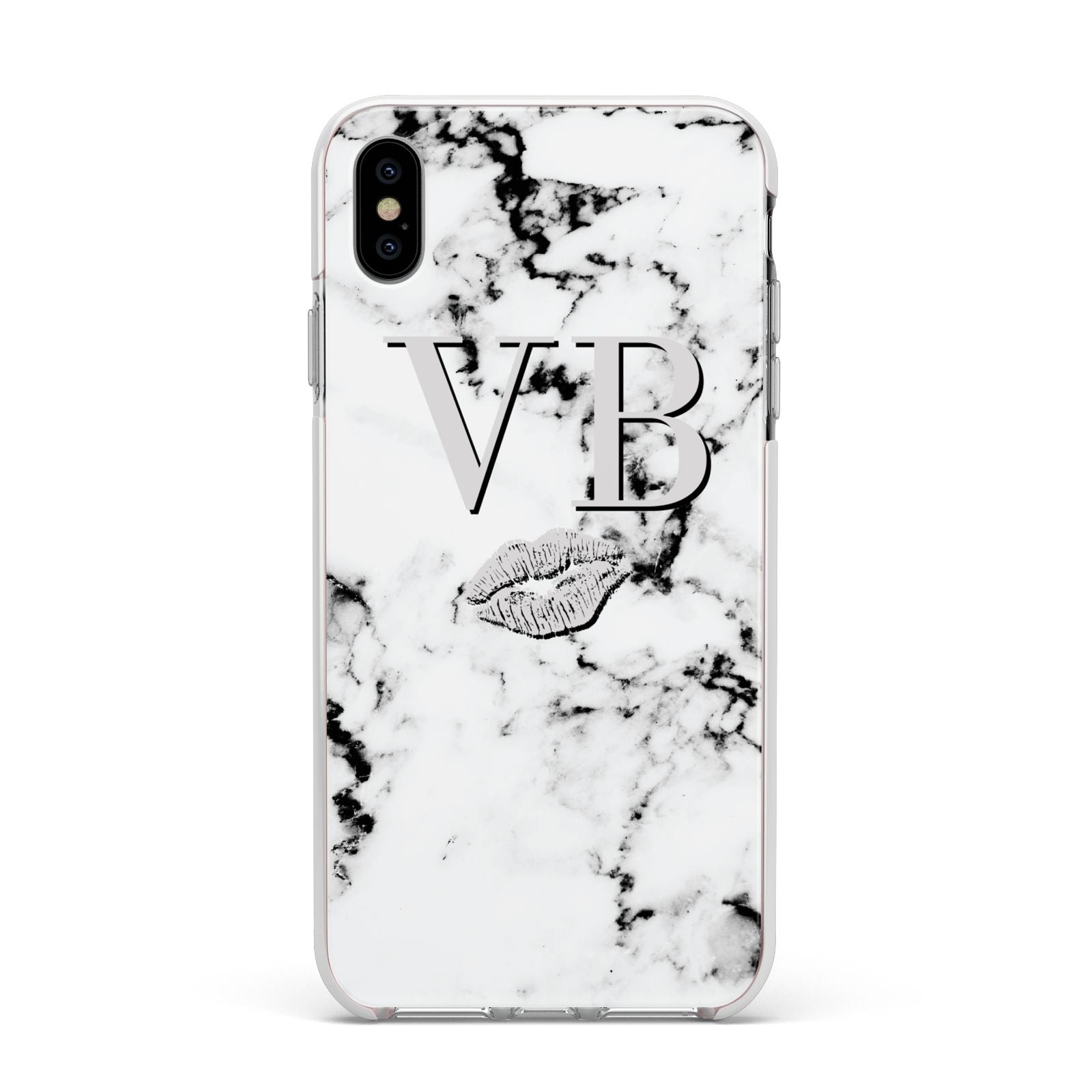 Personalised Lips Kiss Marble Initialed Apple iPhone Xs Max Impact Case White Edge on Silver Phone