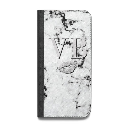 Personalised Lips Kiss Marble Initialed Vegan Leather Flip iPhone Case
