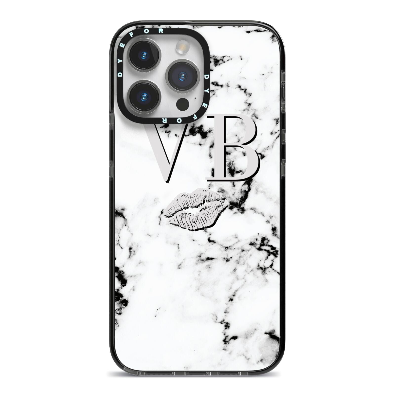 Personalised Lips Kiss Marble Initialed iPhone 14 Pro Max Black Impact Case on Silver phone