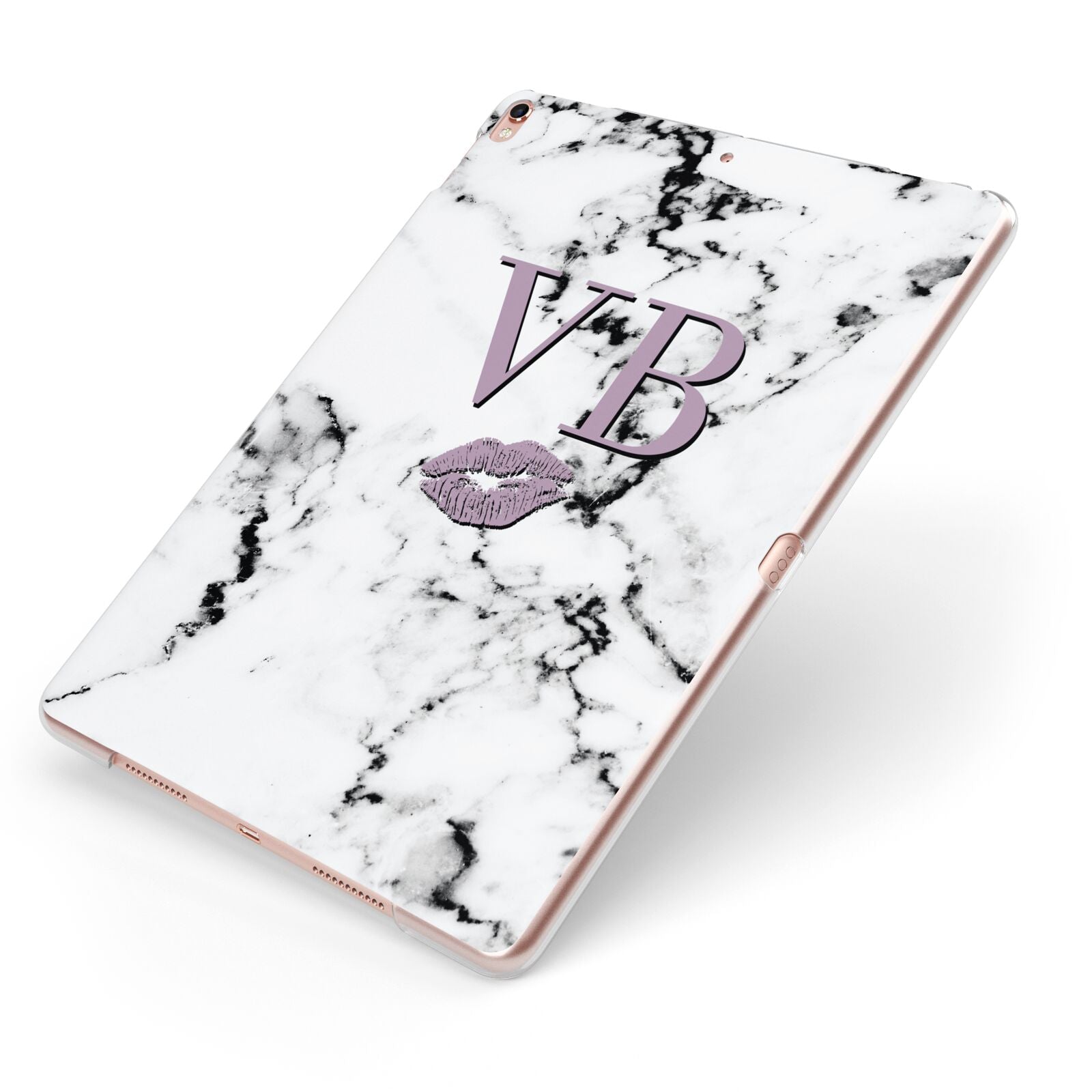 Personalised Lipstick Kiss Initials Marble Apple iPad Case on Rose Gold iPad Side View