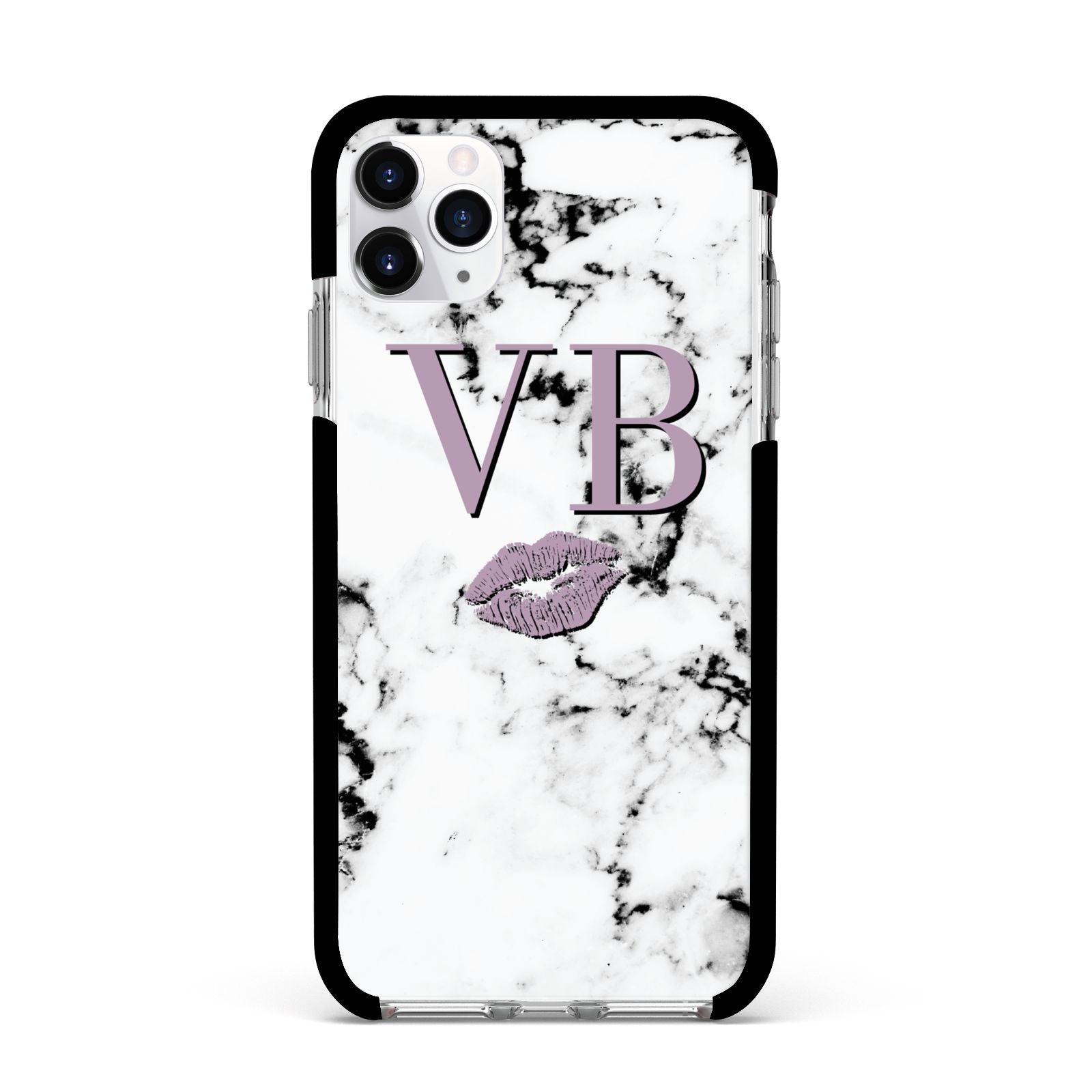 Personalised Lipstick Kiss Initials Marble Apple iPhone 11 Pro Max in Silver with Black Impact Case